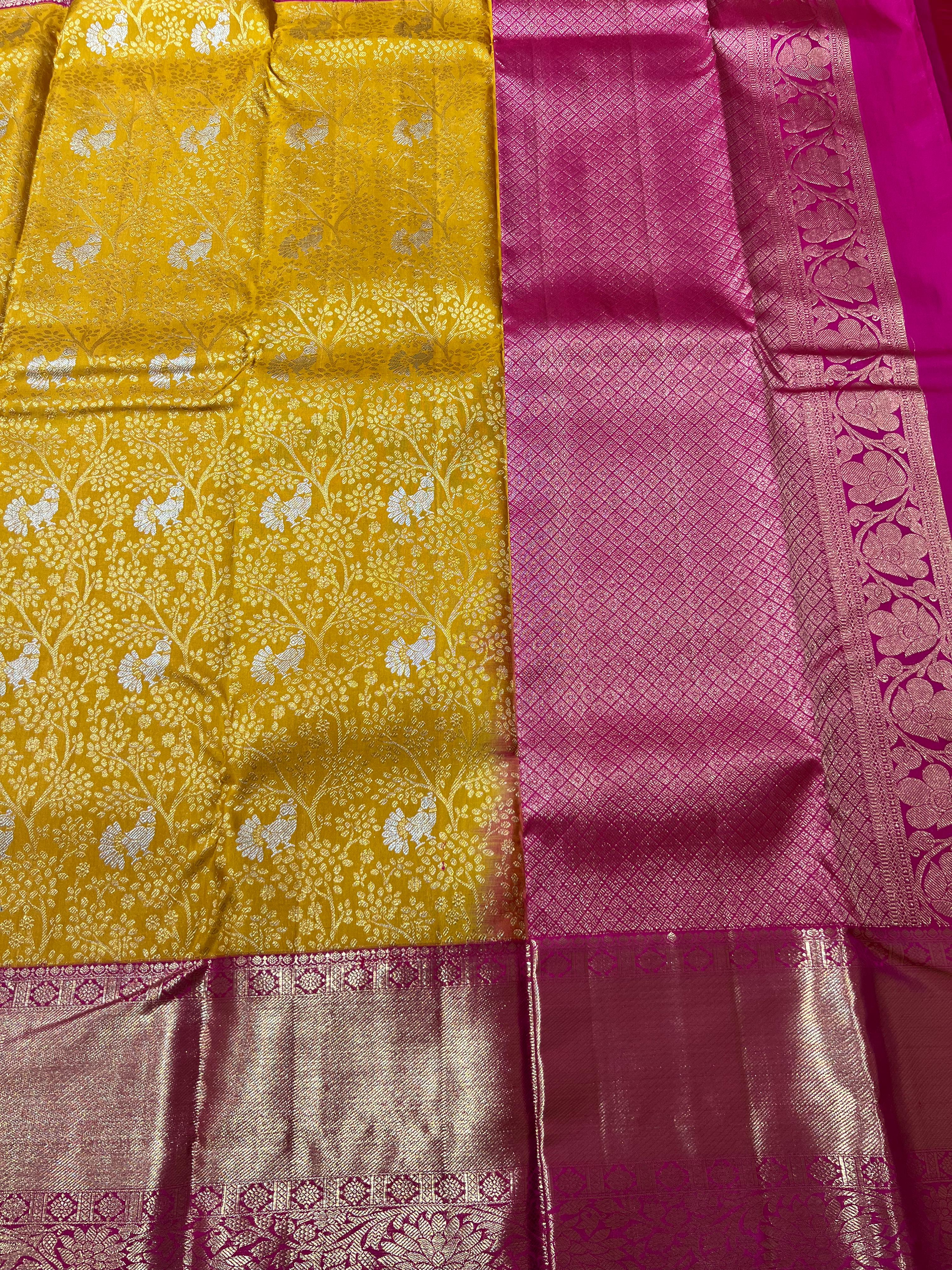Yellow and Pink kanjeevaram Silk saree