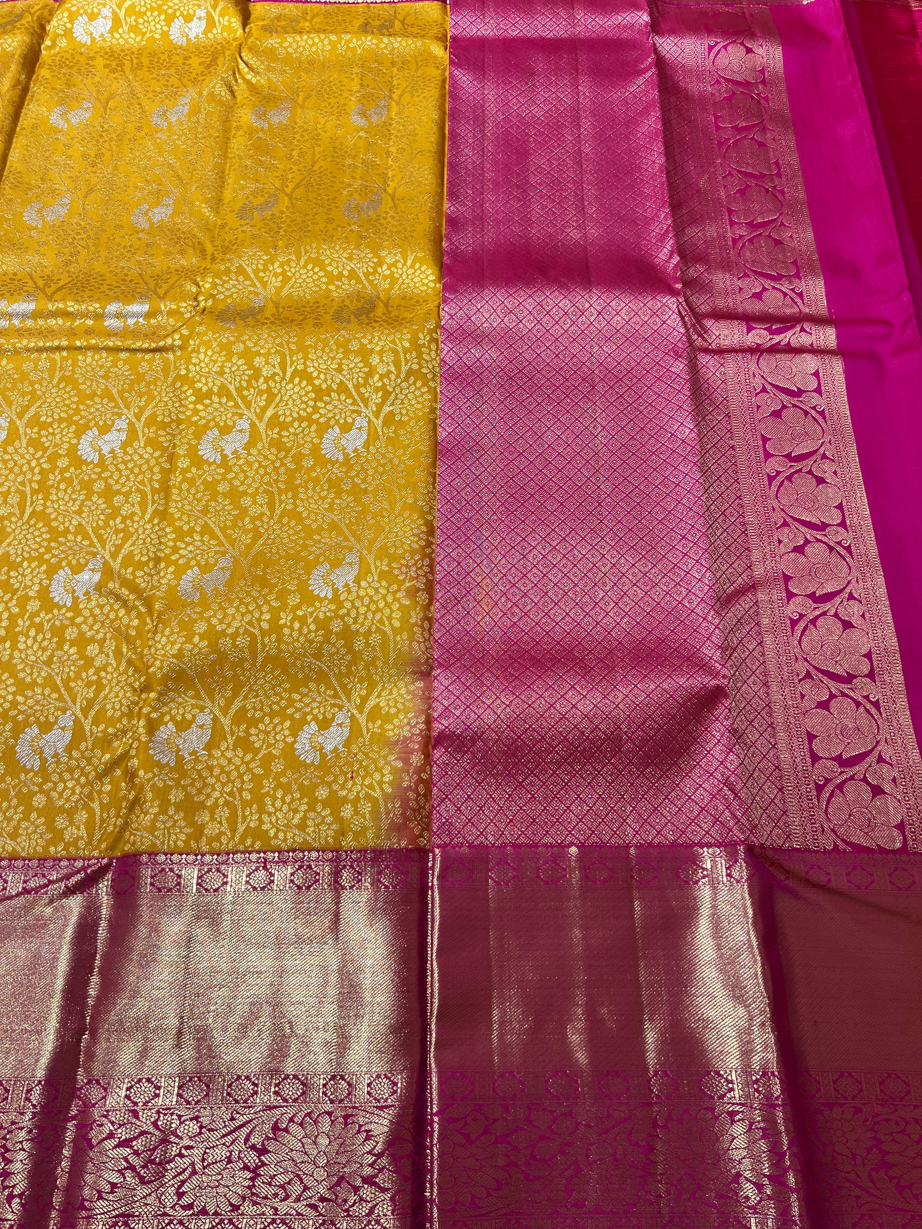 Yellow and Pink kanjeevaram Silk saree