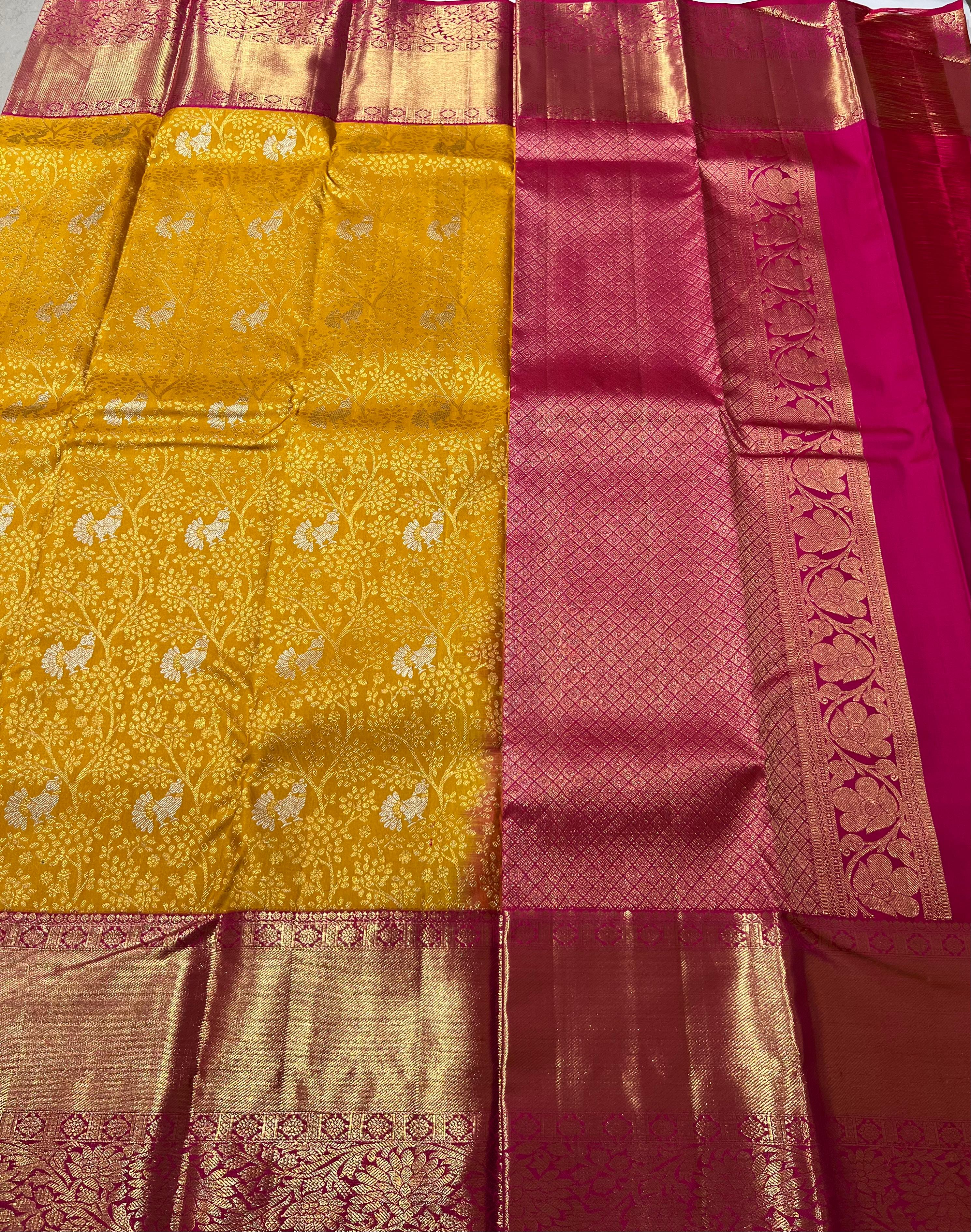 Yellow and Pink kanjeevaram Silk saree