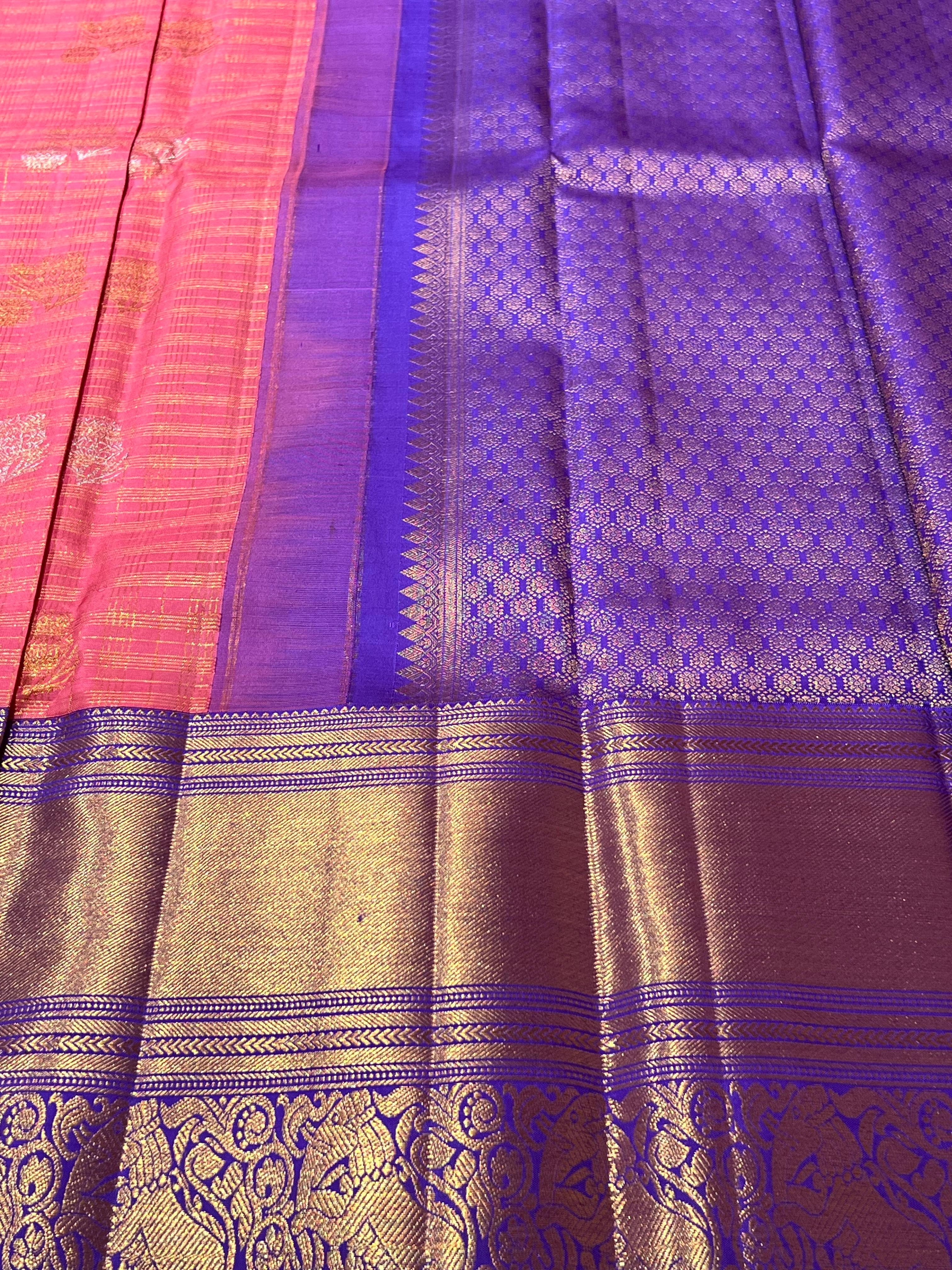 Check pattern pink and violet Kanjeevaram silk saree