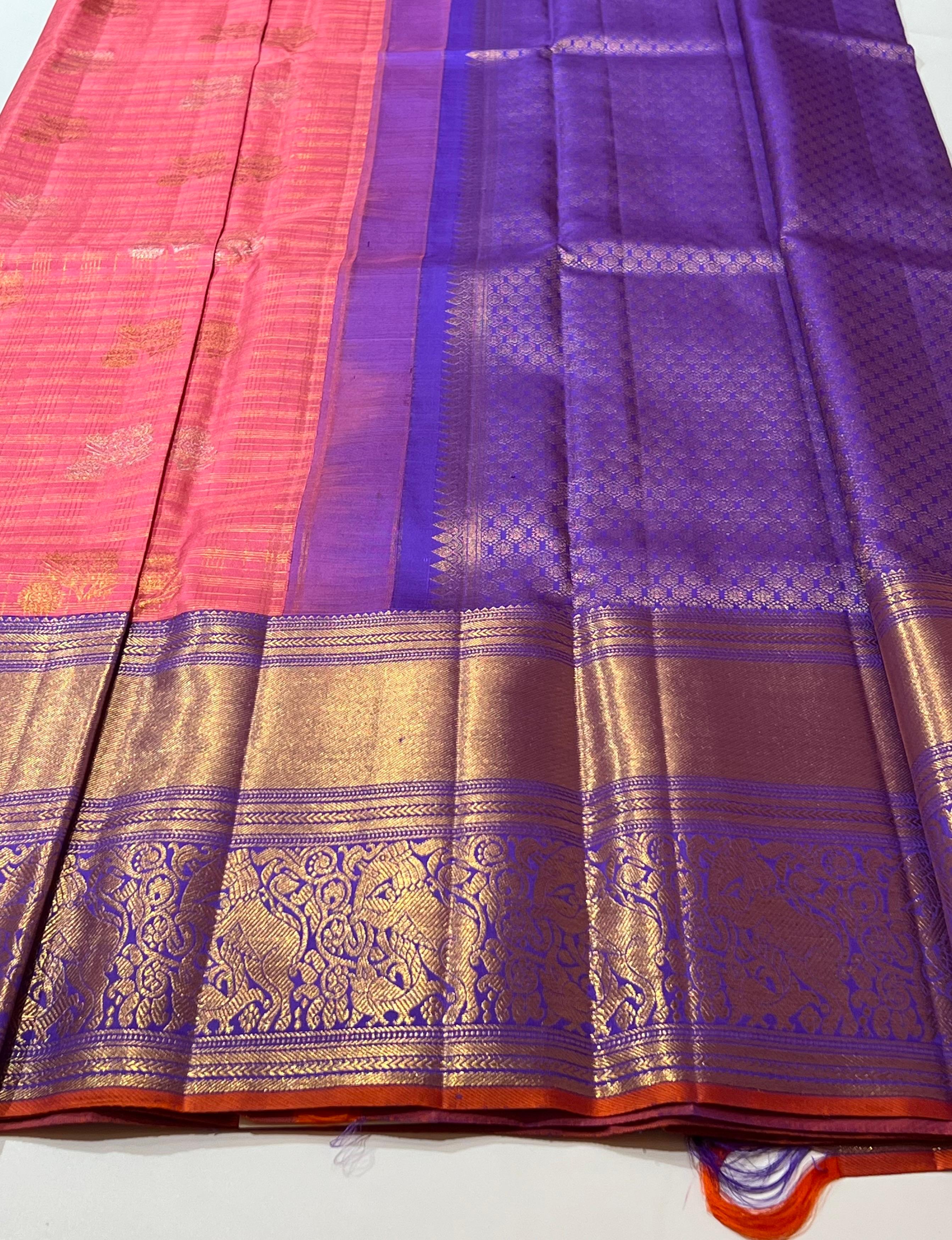 Check pattern pink and violet Kanjeevaram silk saree