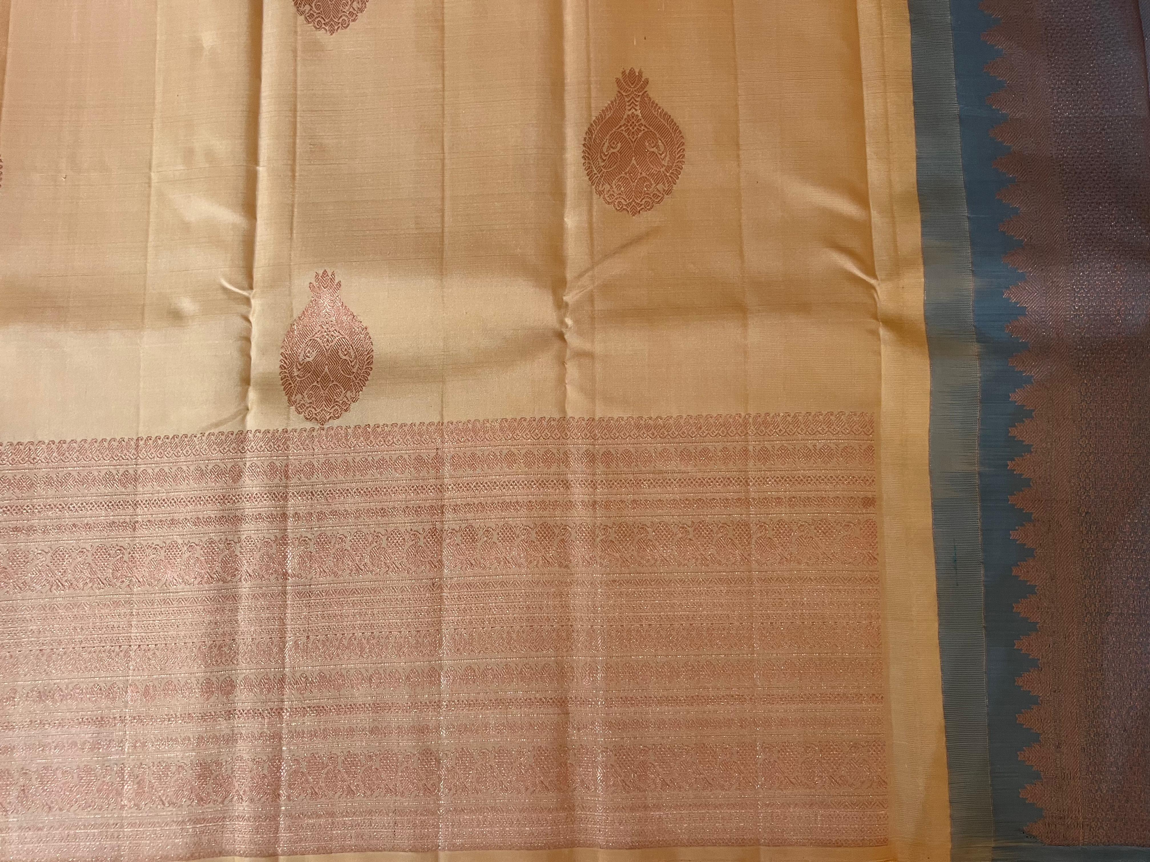 Cream and Golden zari work kanjeevaram silk saree
