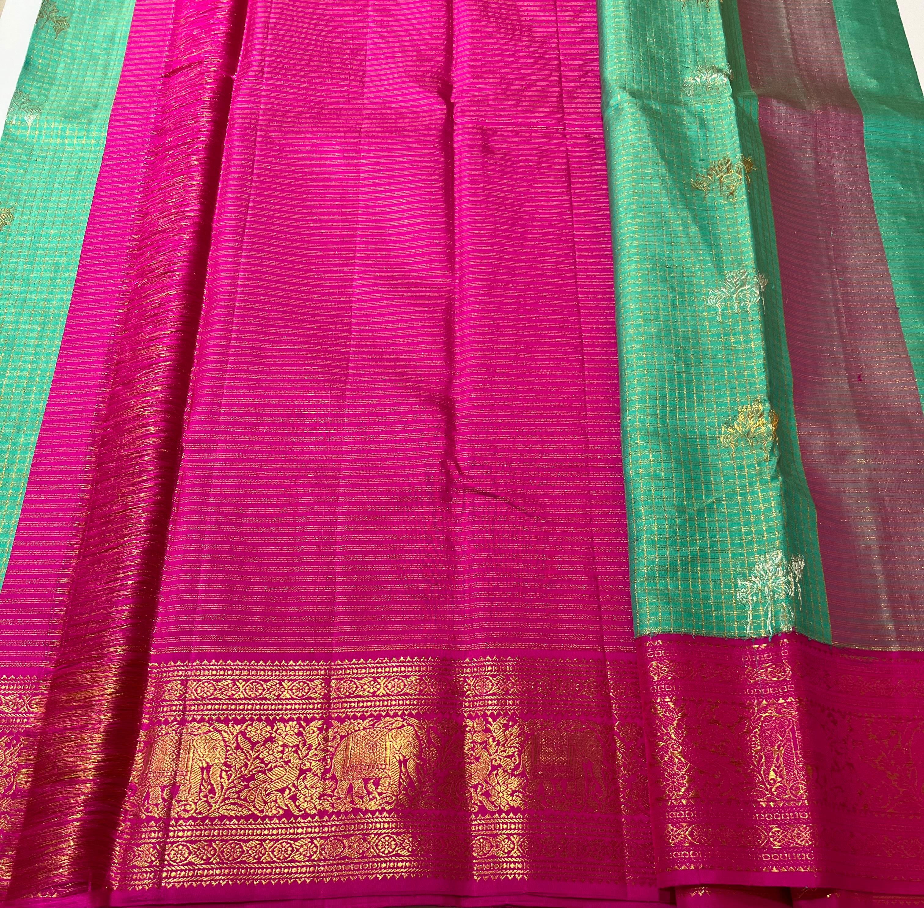 Check pattern on green and pink kanjeevaram silk saree