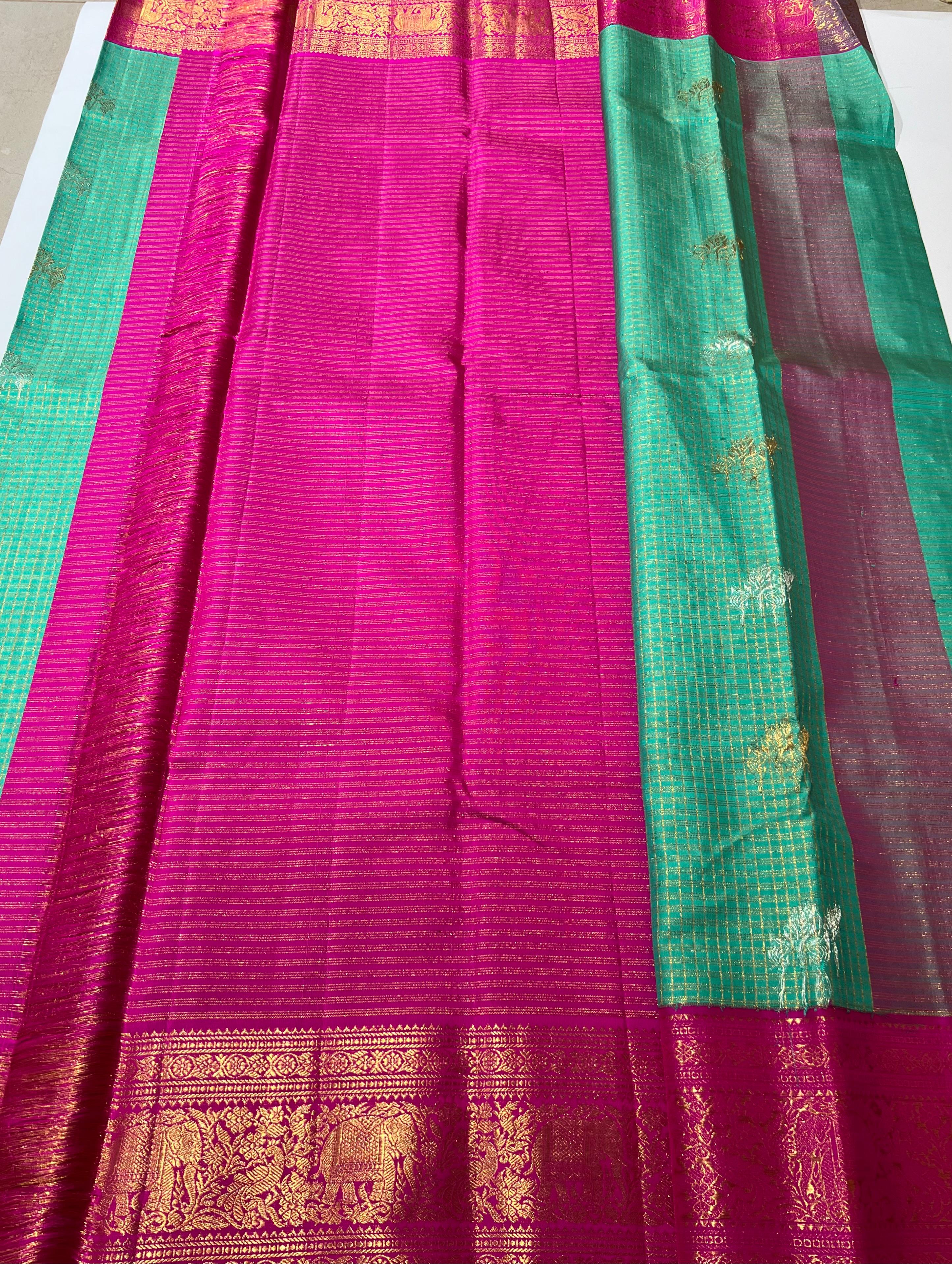 Check pattern on green and pink kanjeevaram silk saree