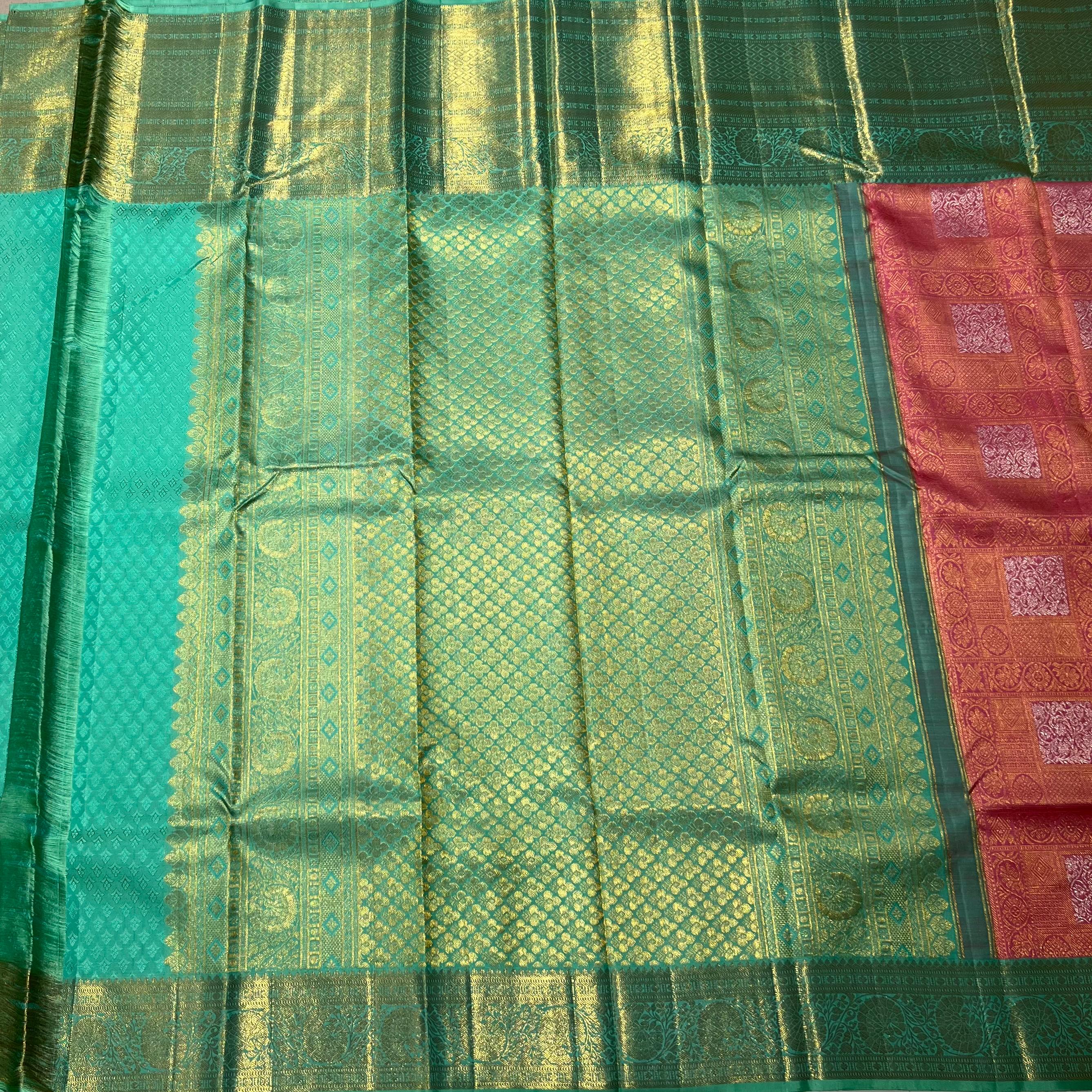 Peach and sea green Kanjeevaram silk saree