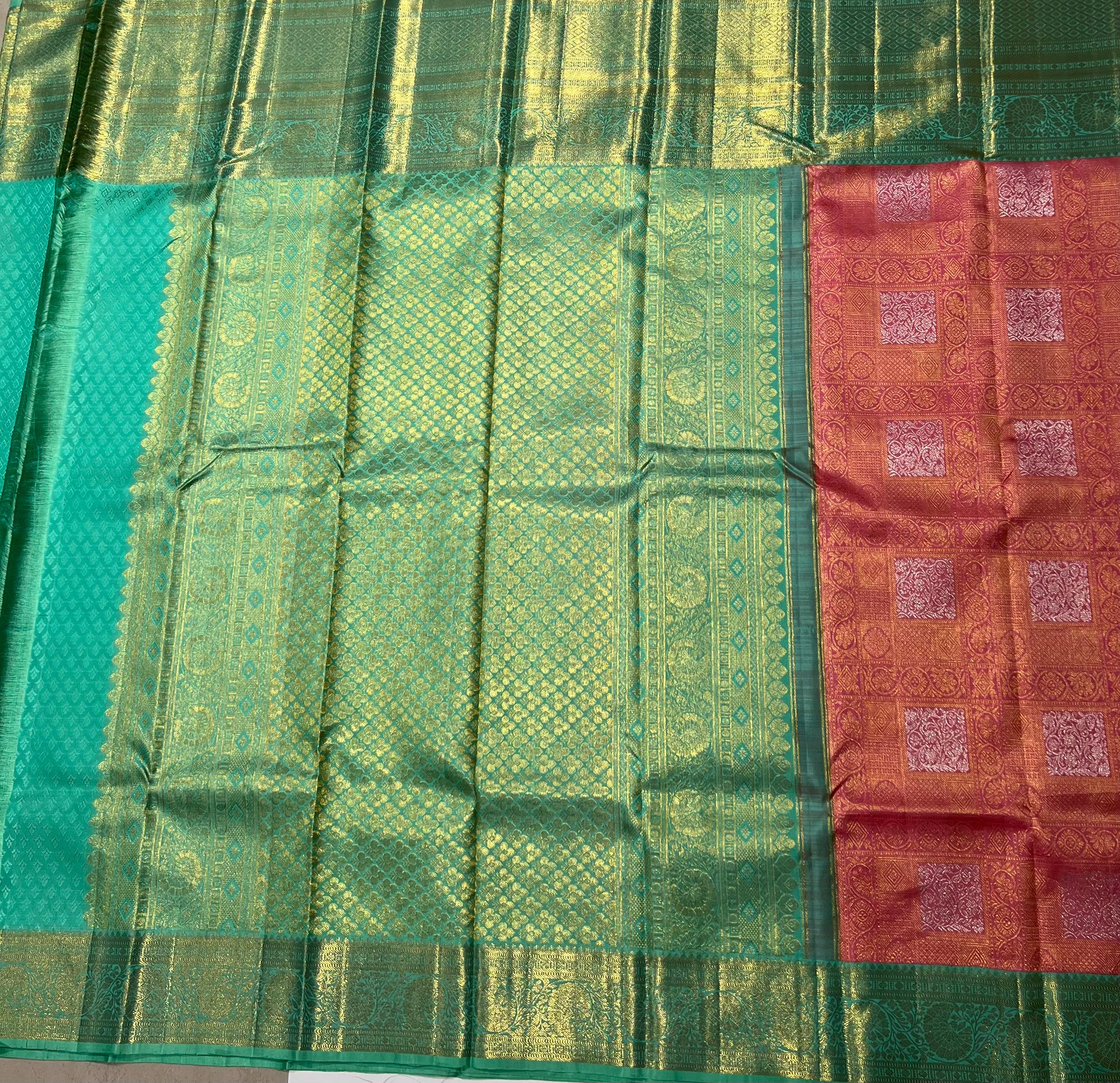 Peach and sea green Kanjeevaram silk saree