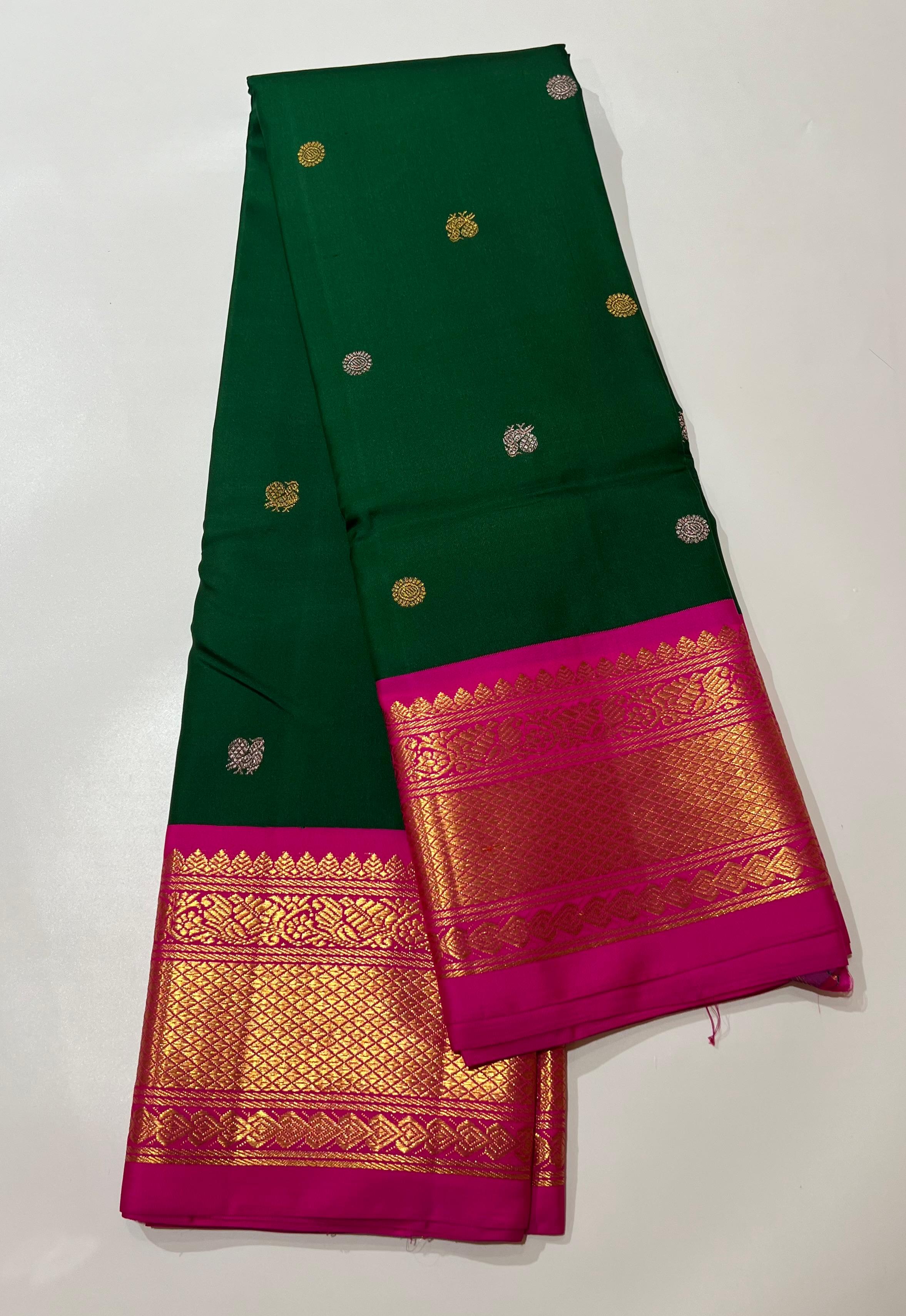 Dark Green and pink kanjeevaram silk saree