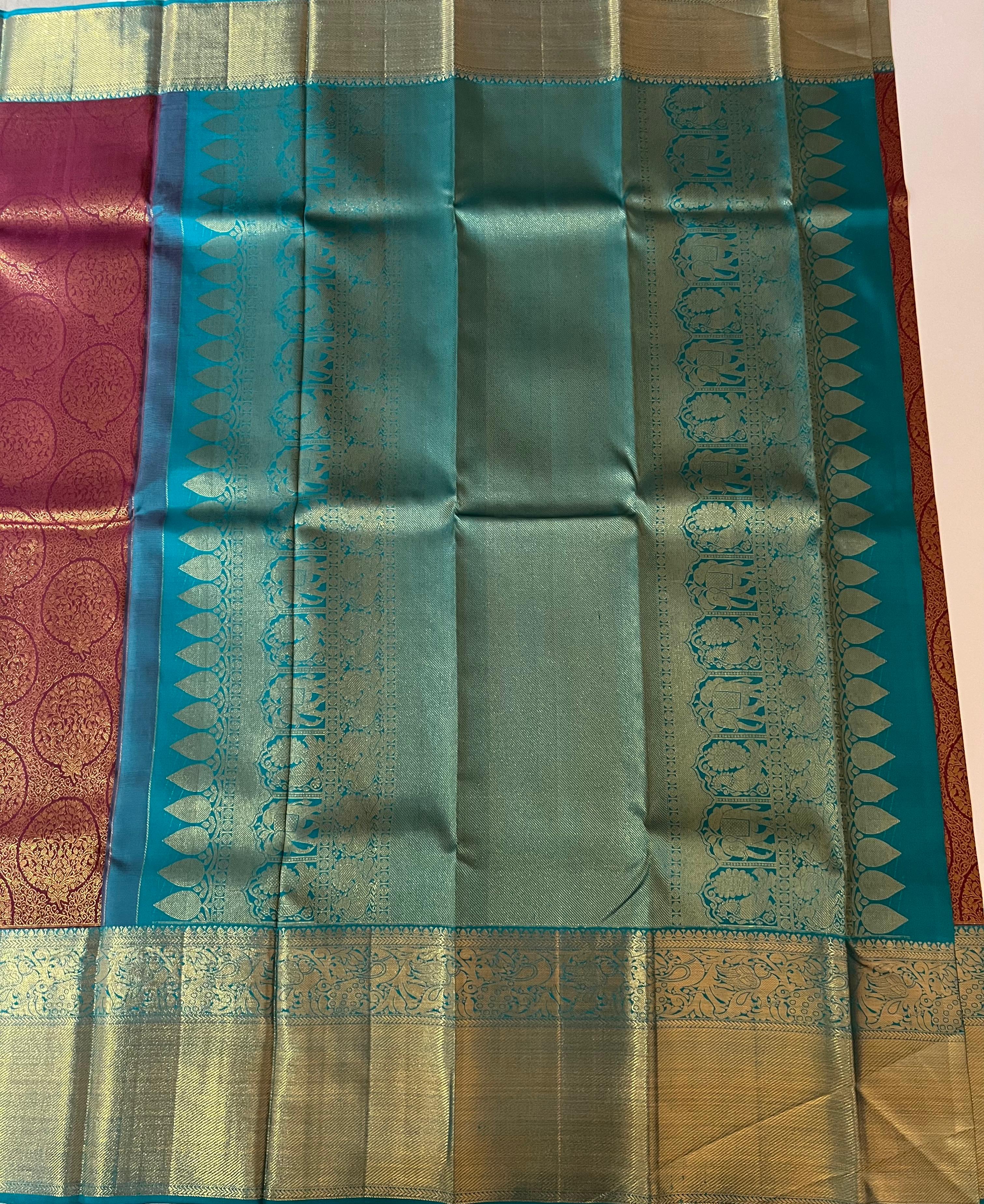 Burgundy and persian Green kanjeevaram silk saree