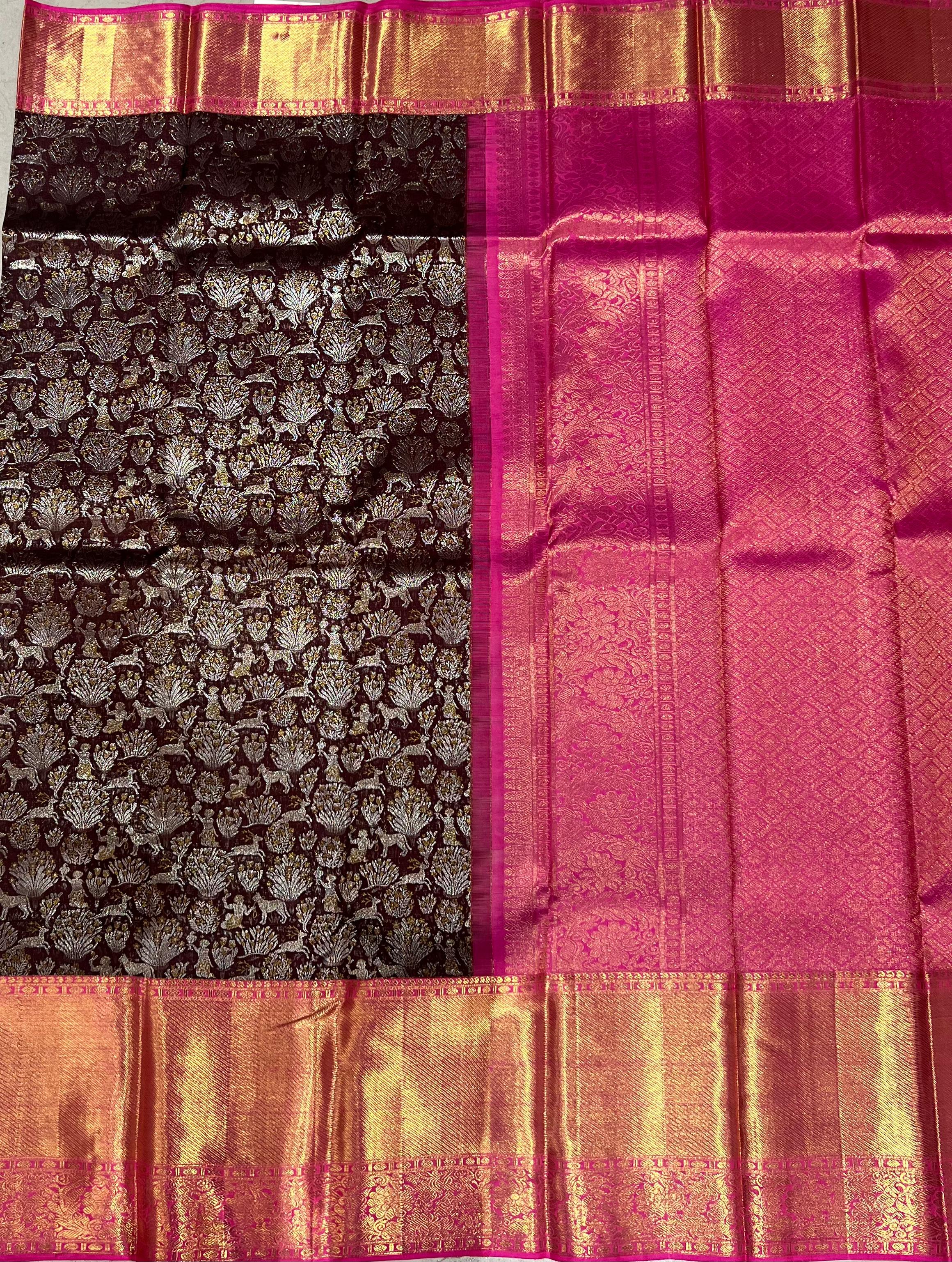 Brown and Pink kanjeevaram silk saree