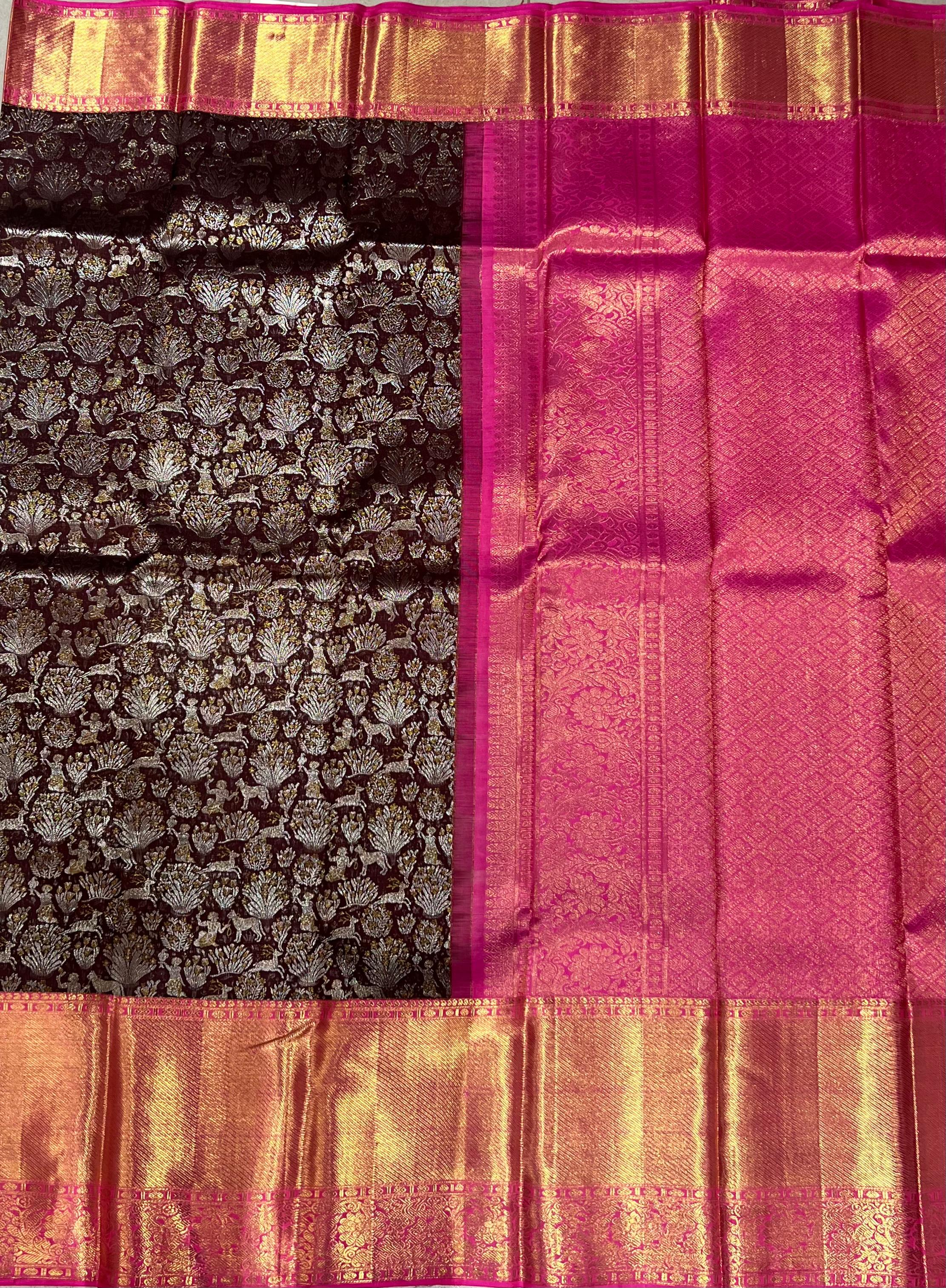 Brown and Pink kanjeevaram silk saree