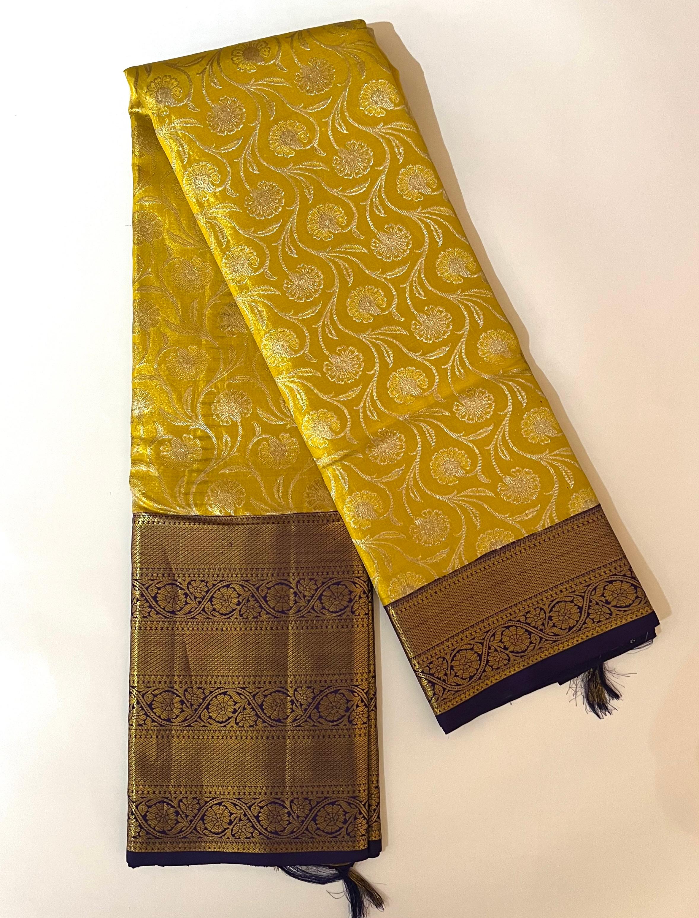 Golden and royal blue kanjeevaram silk saree