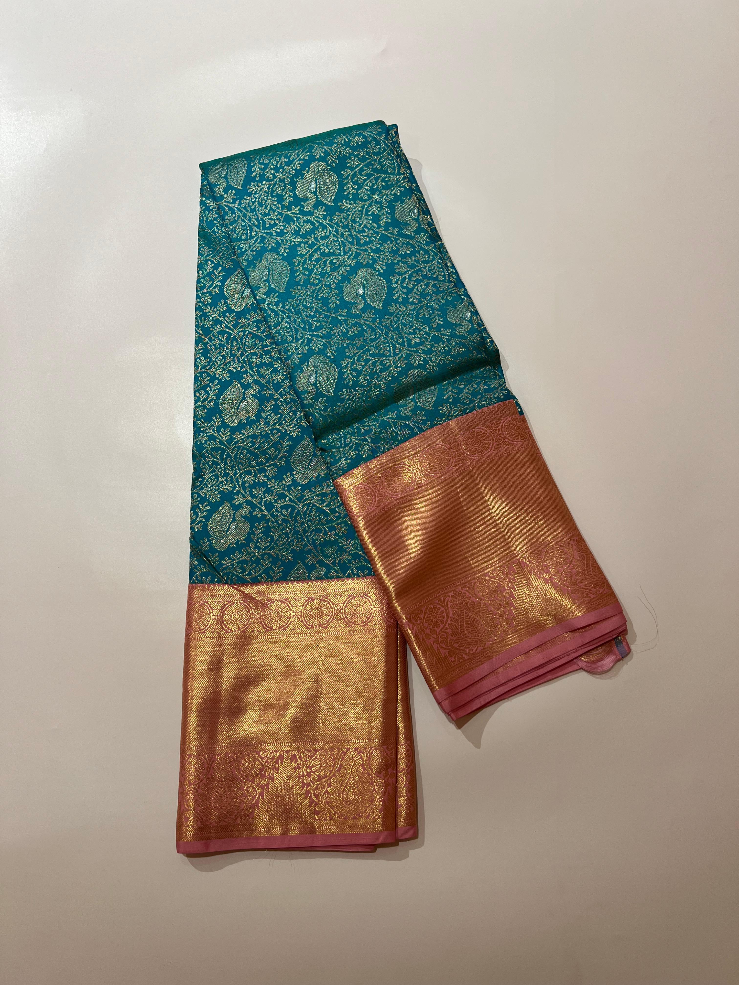 Blue and light pink Kanjeevaram silk saree