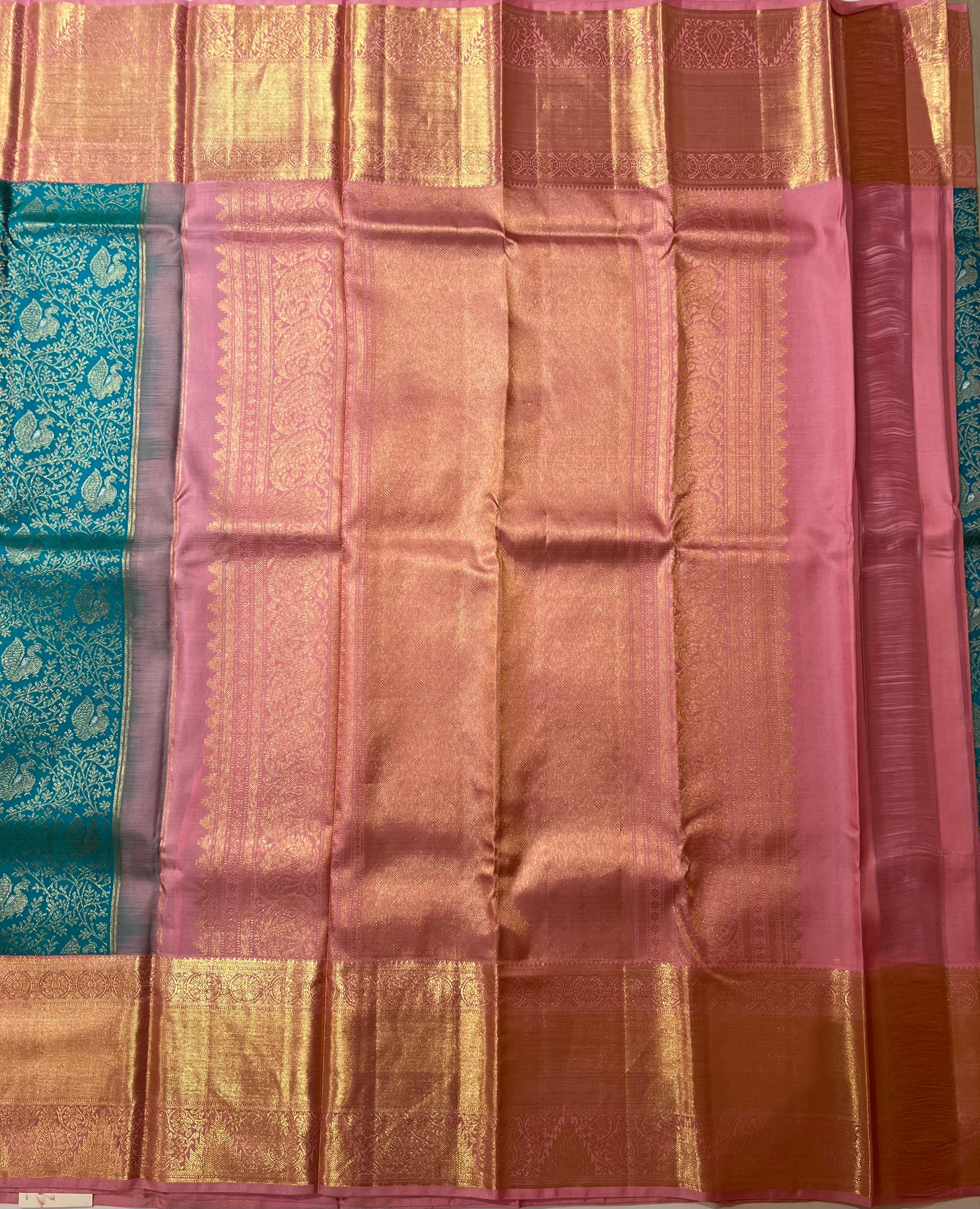 Blue and light pink Kanjeevaram silk saree