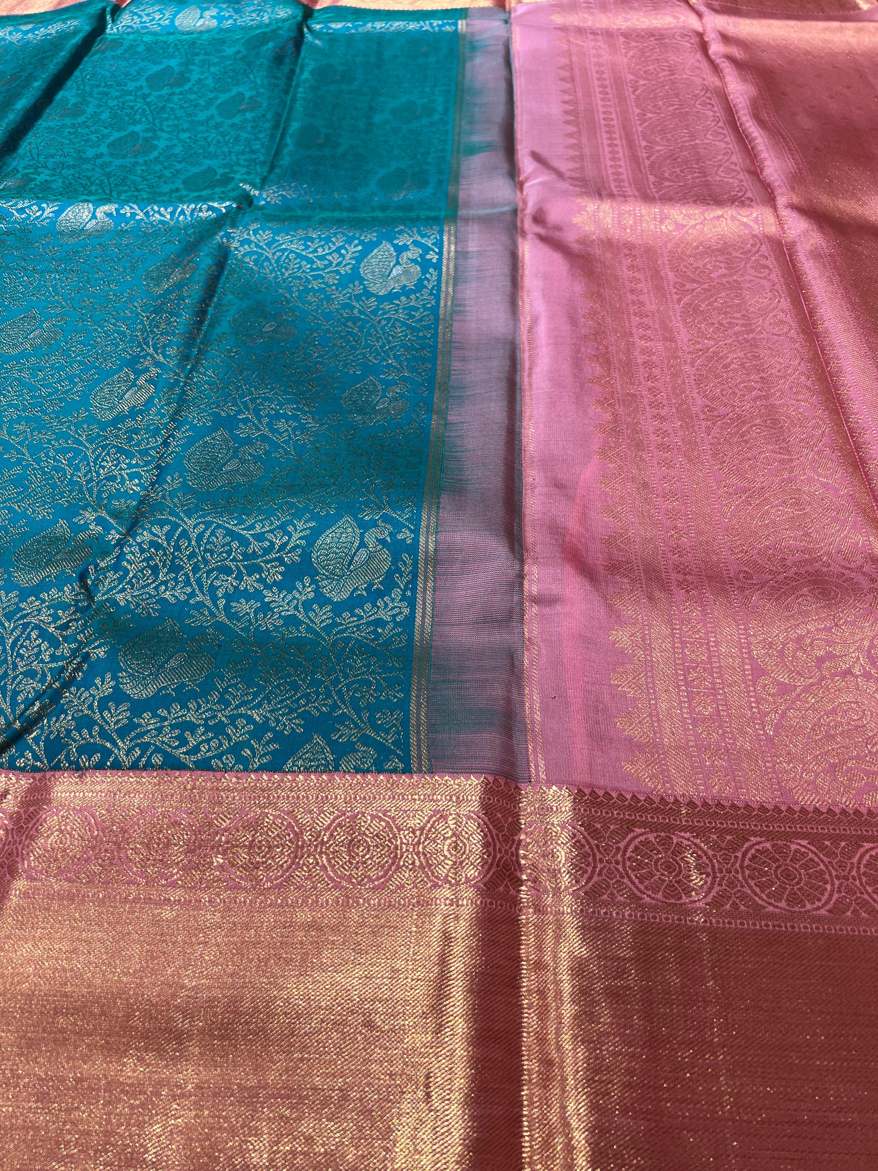Blue and light pink Kanjeevaram silk saree