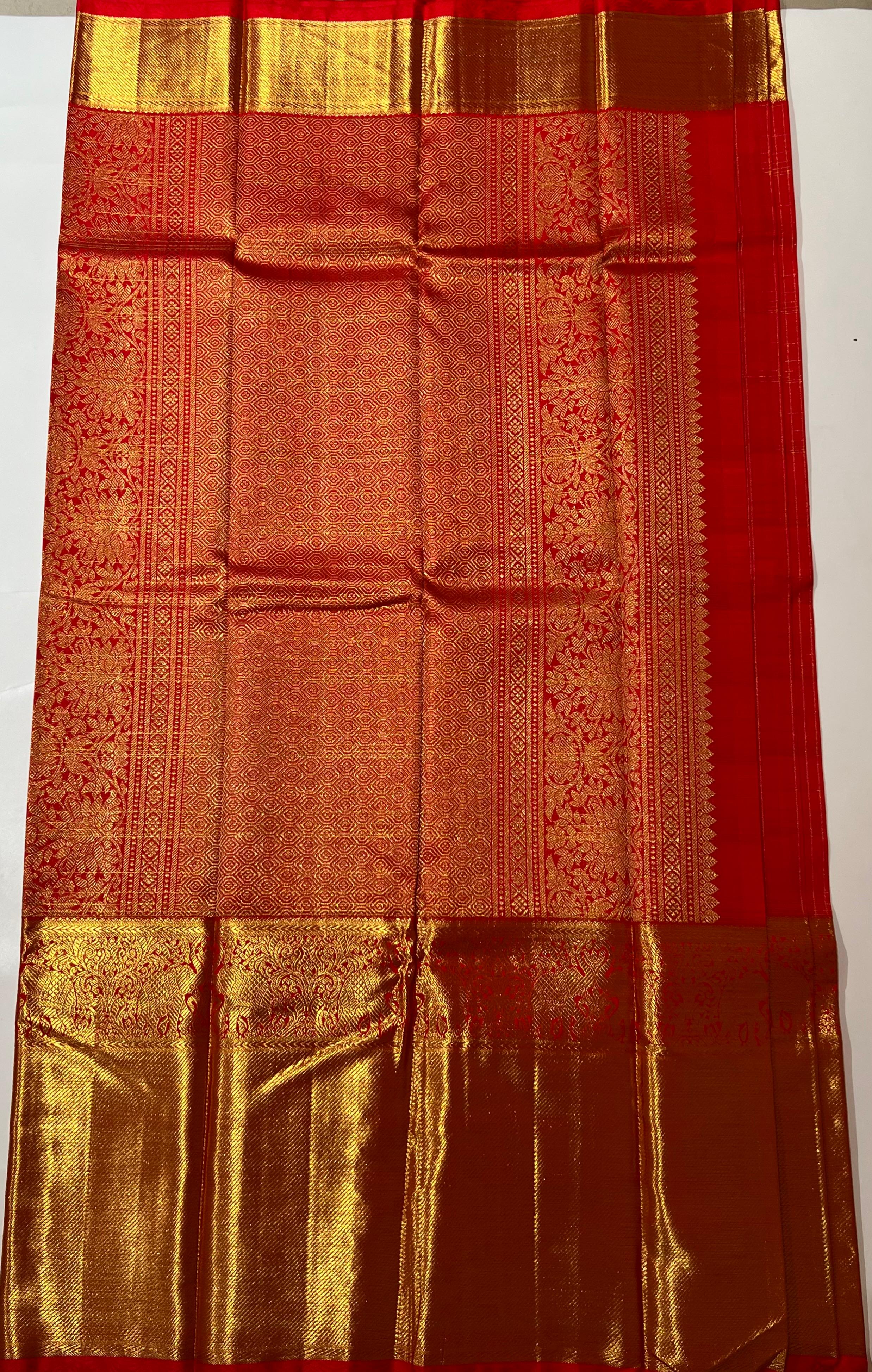 Check pattern Red and golden kanjeevaram silk saree
