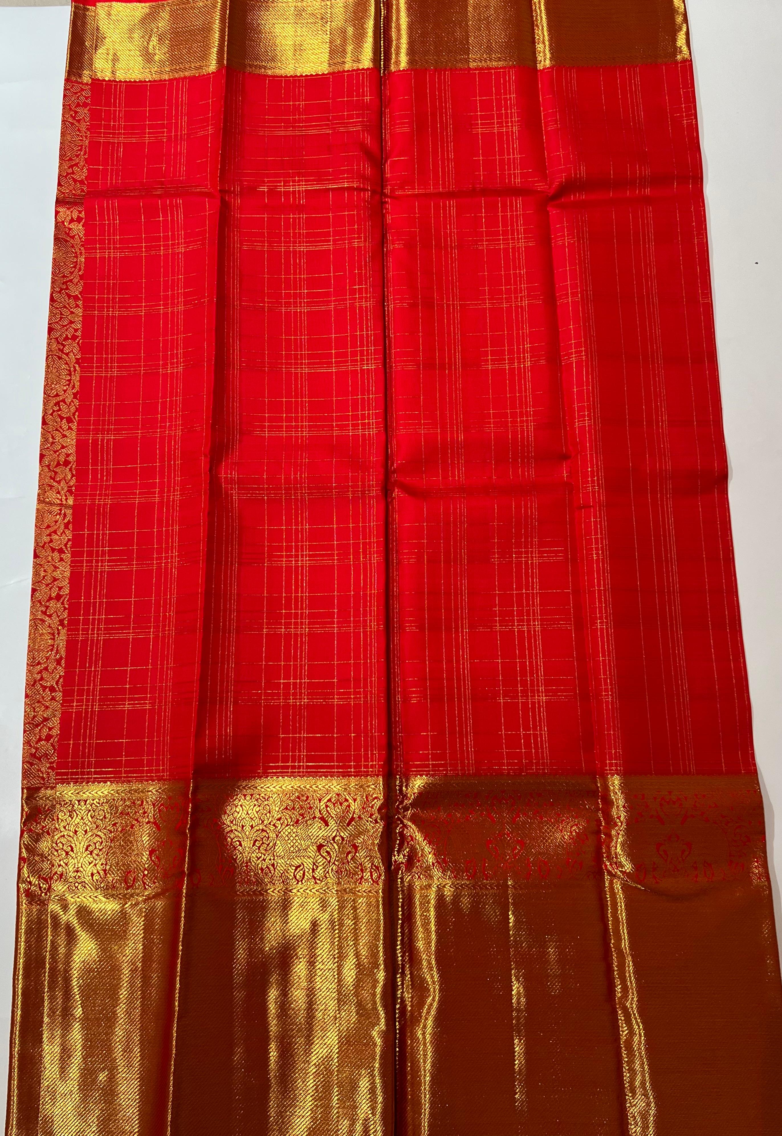 Check pattern Red and golden kanjeevaram silk saree