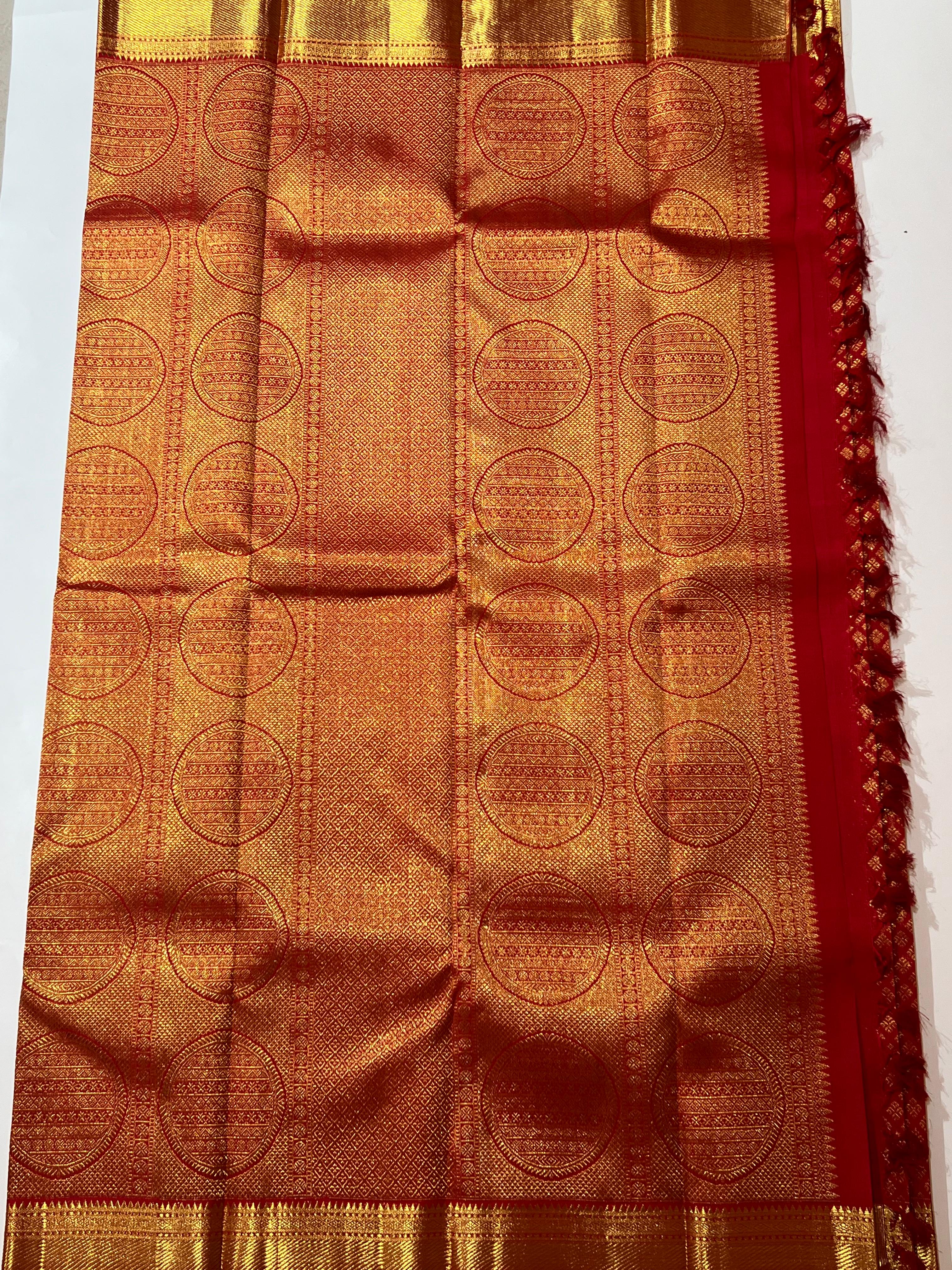 Red with golden zari work Kanjeevaram silk saree