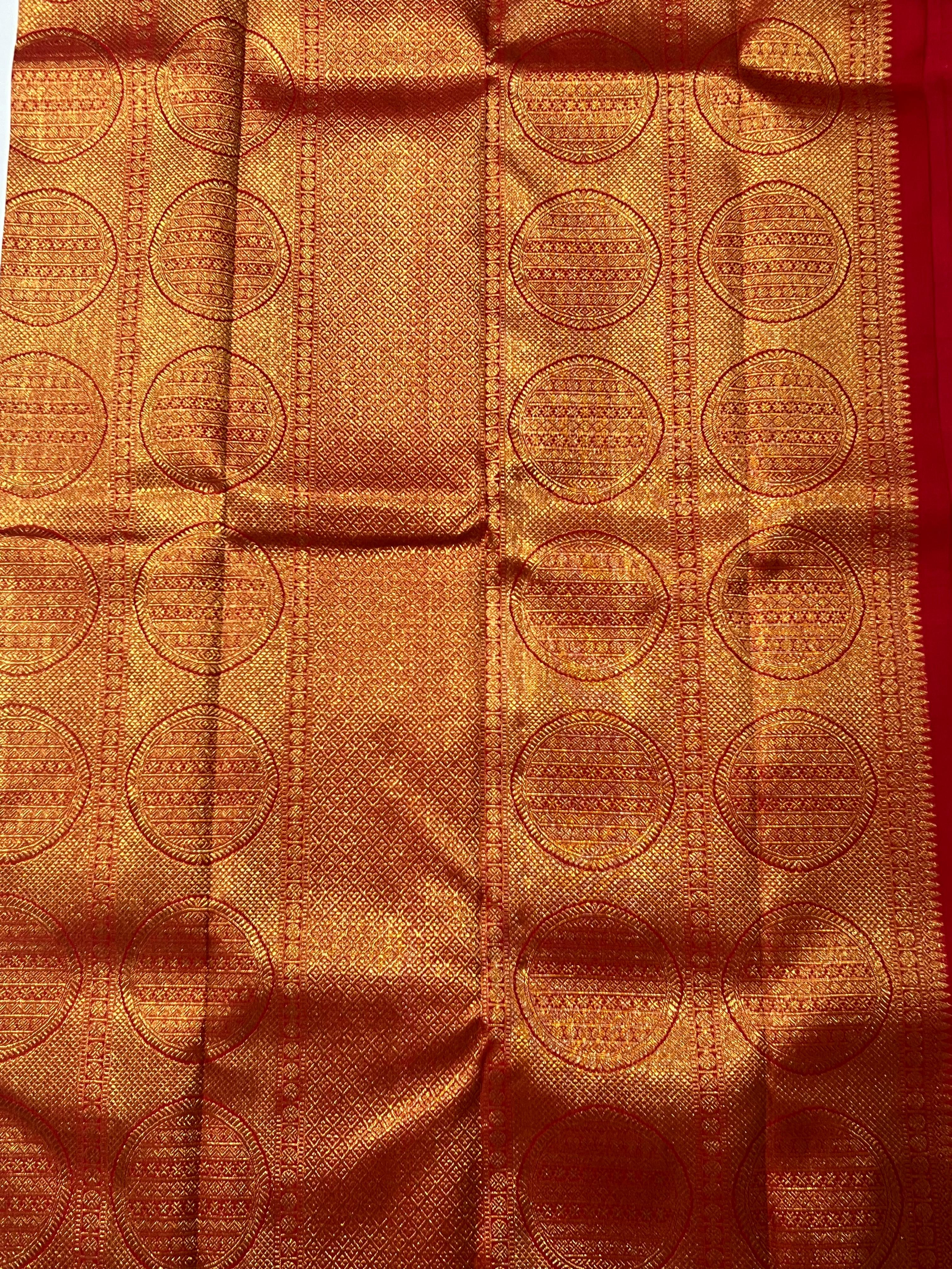 Red with golden zari work Kanjeevaram silk saree