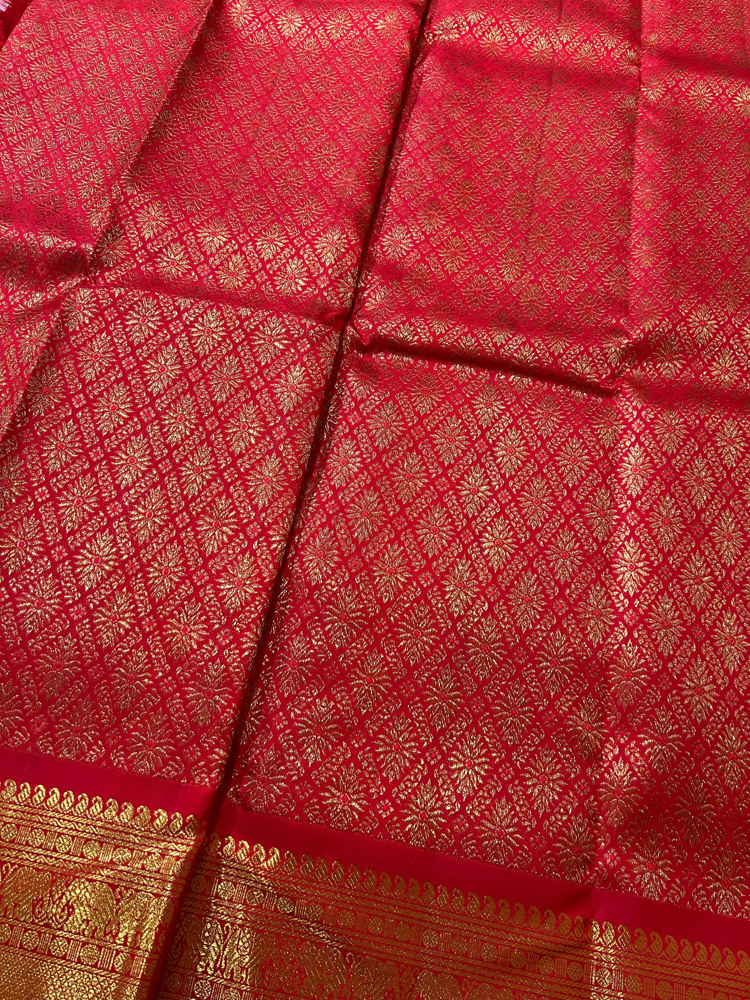 Diamond pattern Red and golden zari work kanjeevaram silk saree