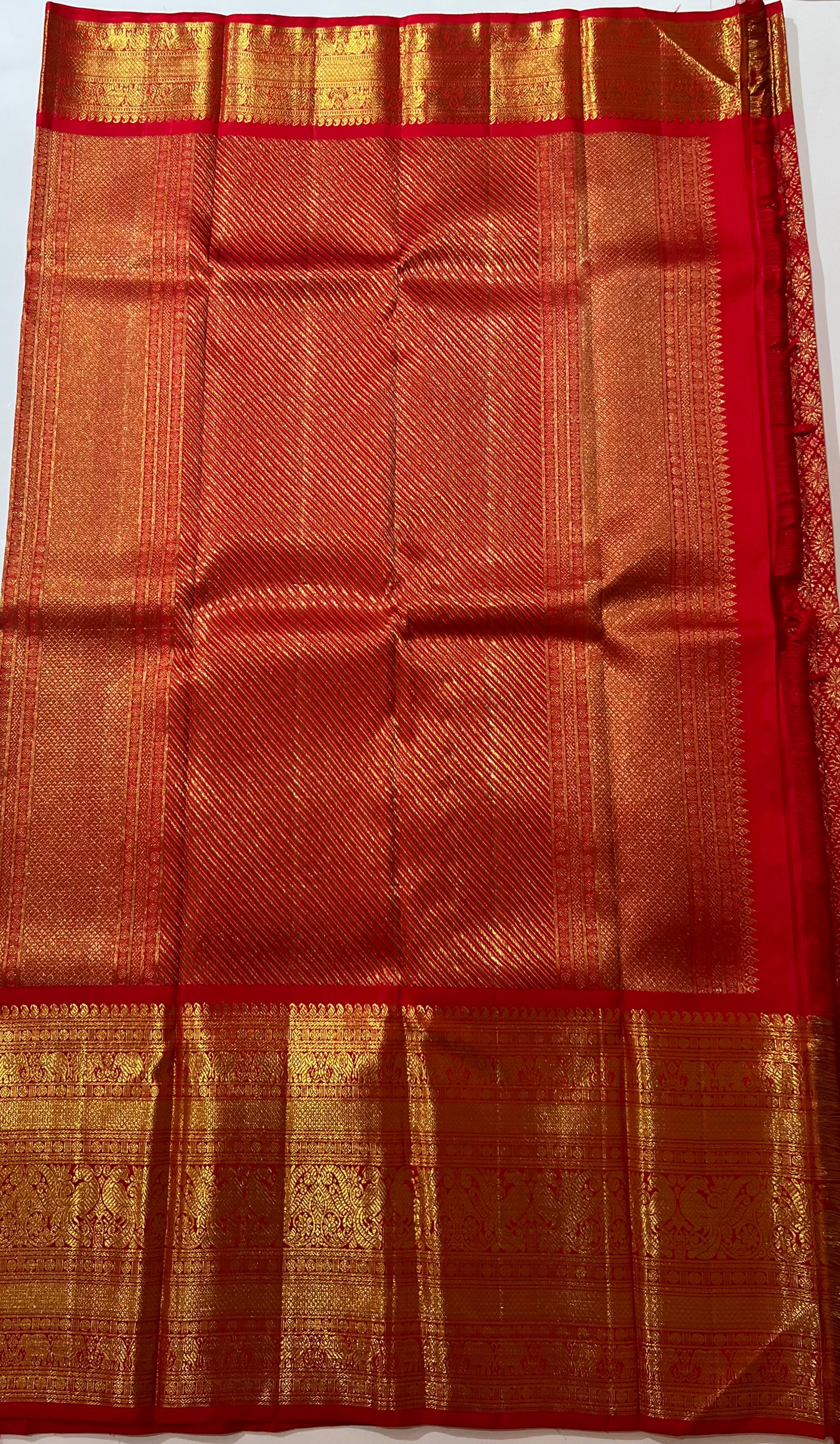 Diamond pattern Red and golden zari work kanjeevaram silk saree