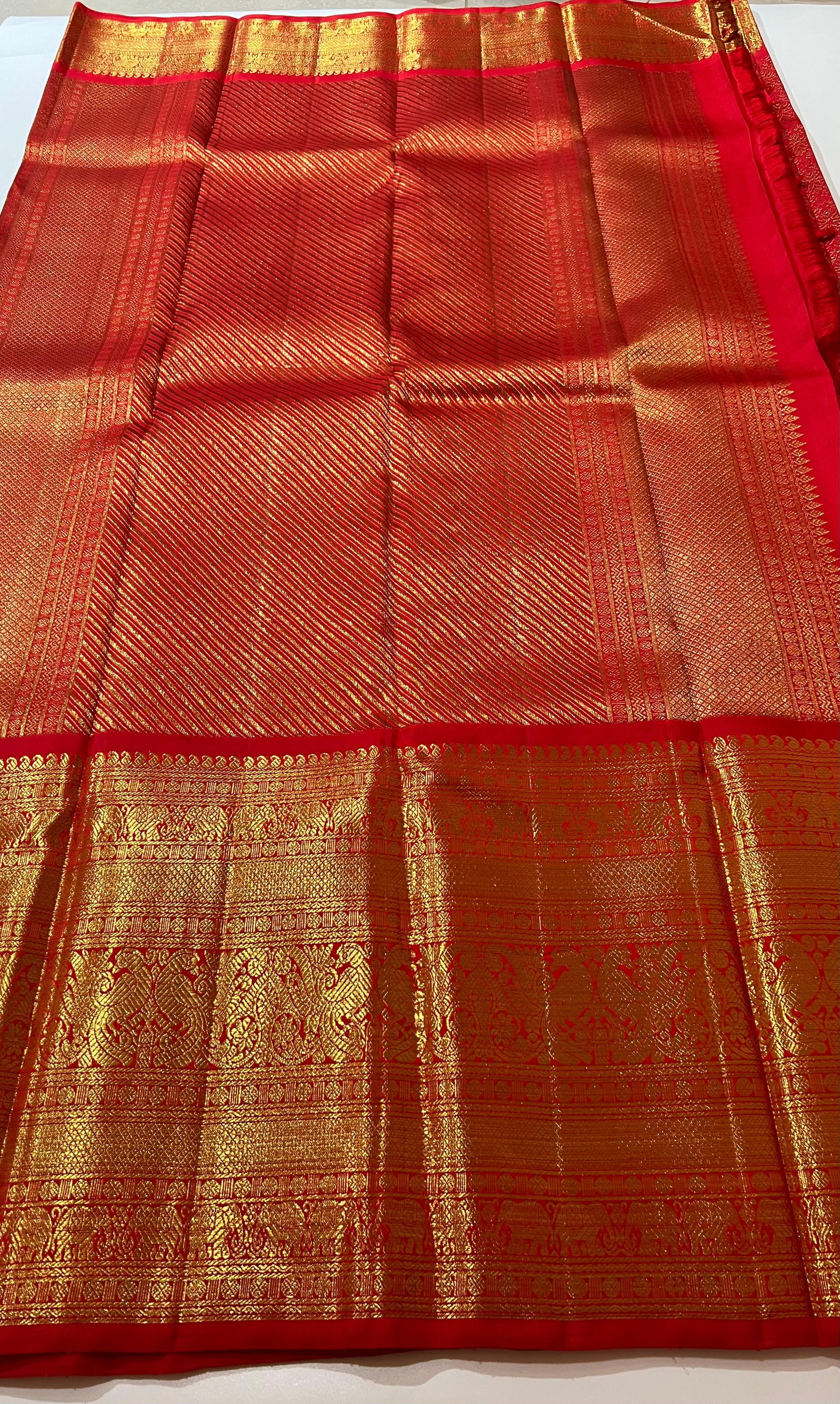 Diamond pattern Red and golden zari work kanjeevaram silk saree