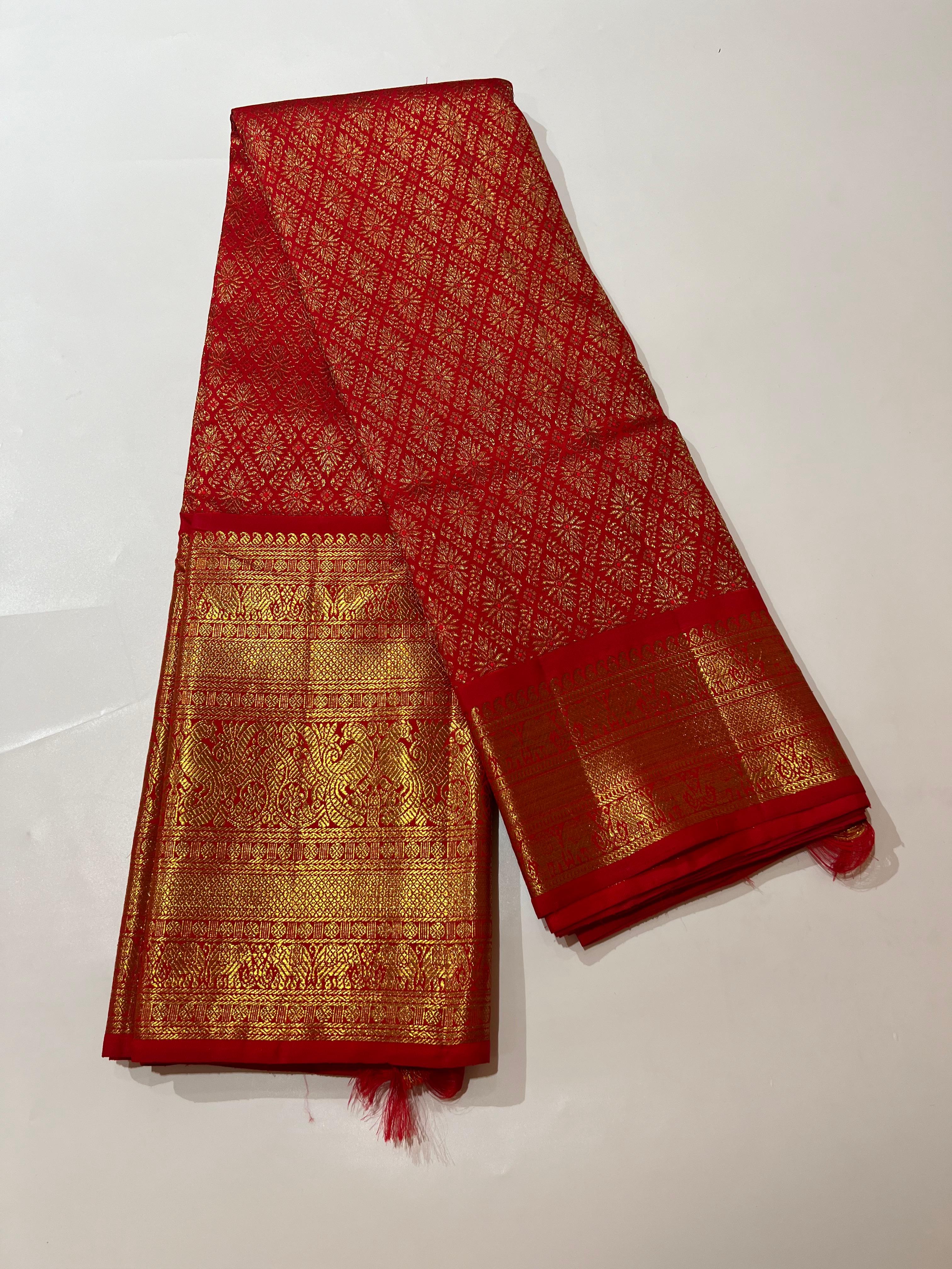 Diamond pattern Red and golden zari work kanjeevaram silk saree