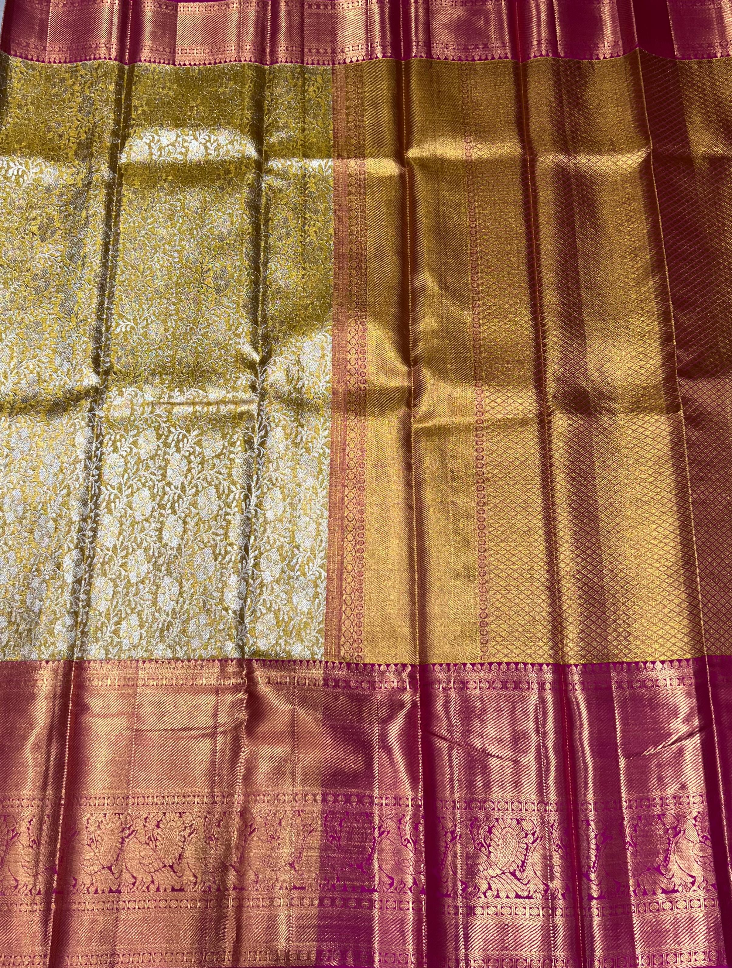 Golden and maroon zari work Kanjeevaram silk saree