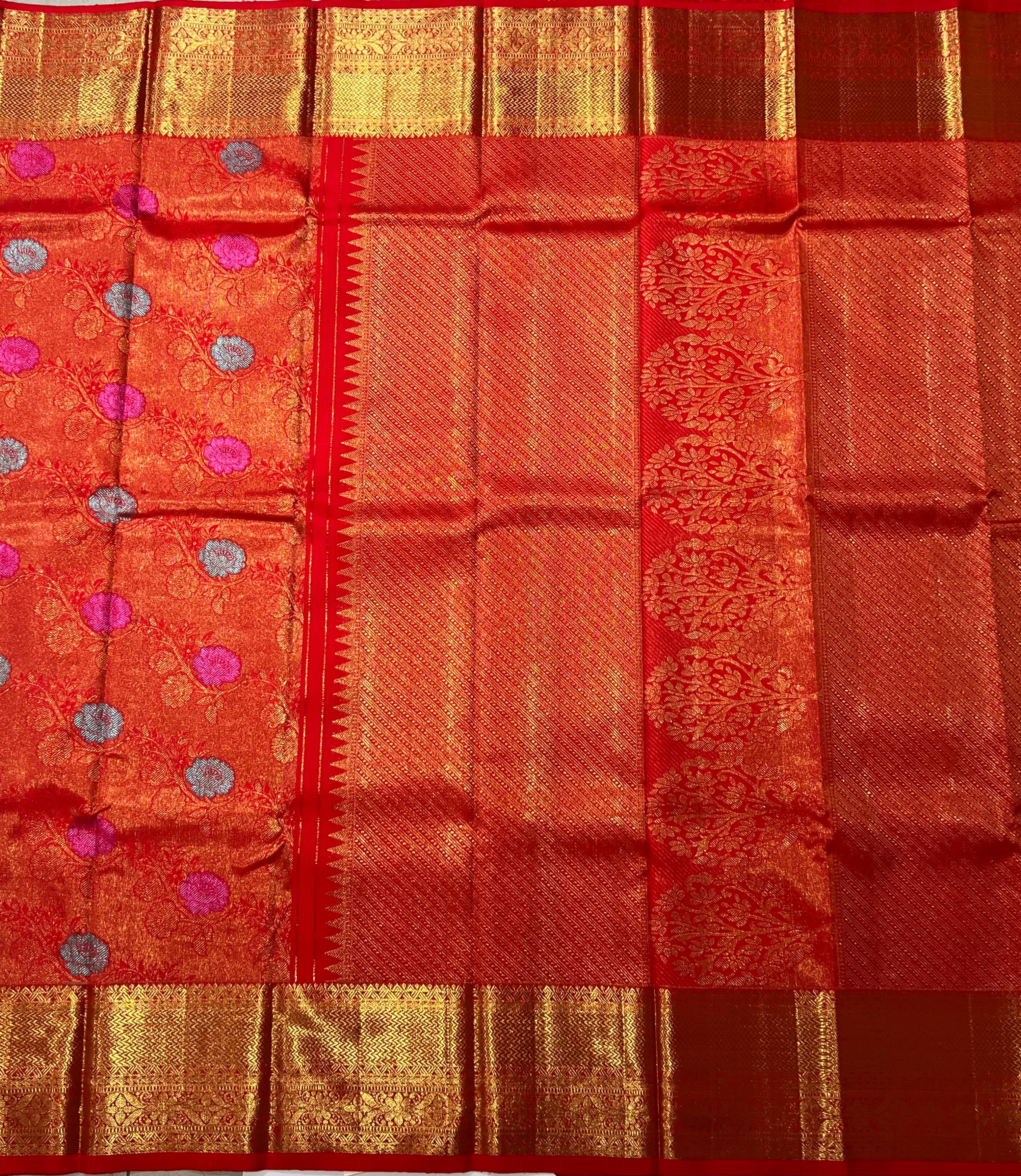 Red and golden zari work Kanjeevaram silk saree