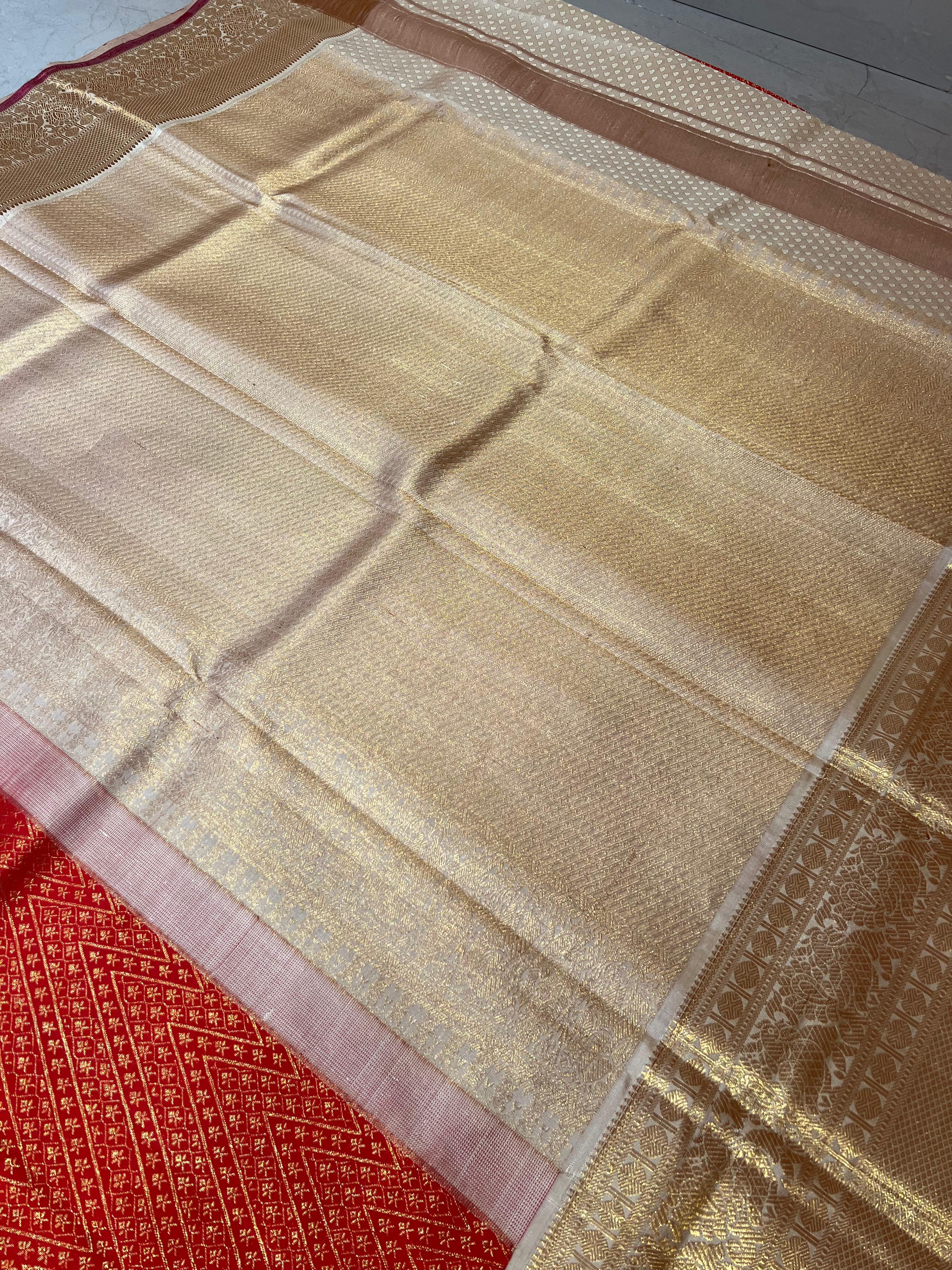 Red and white golden zari Kanjeevaram silk saree