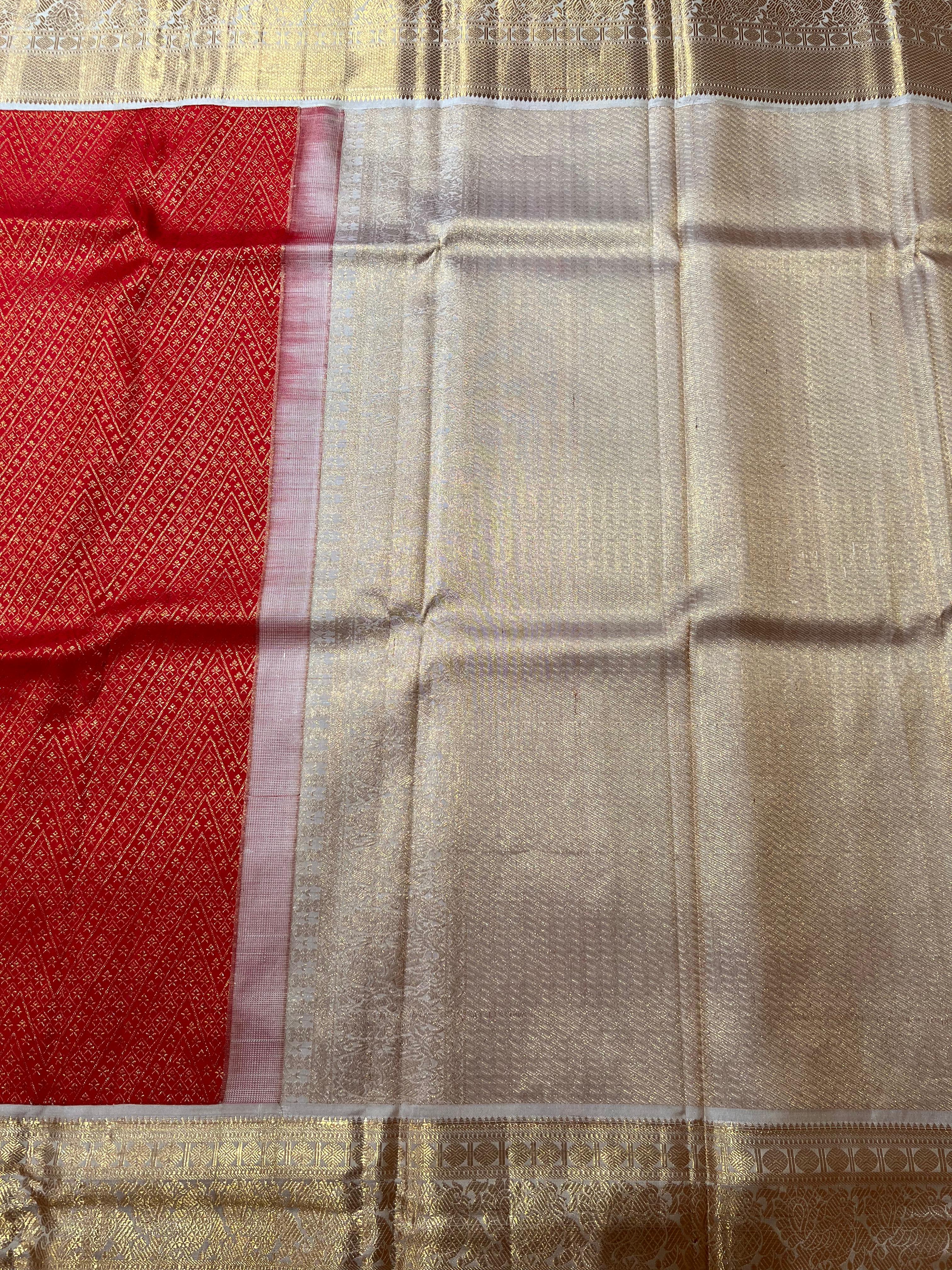 Red and white golden zari Kanjeevaram silk saree