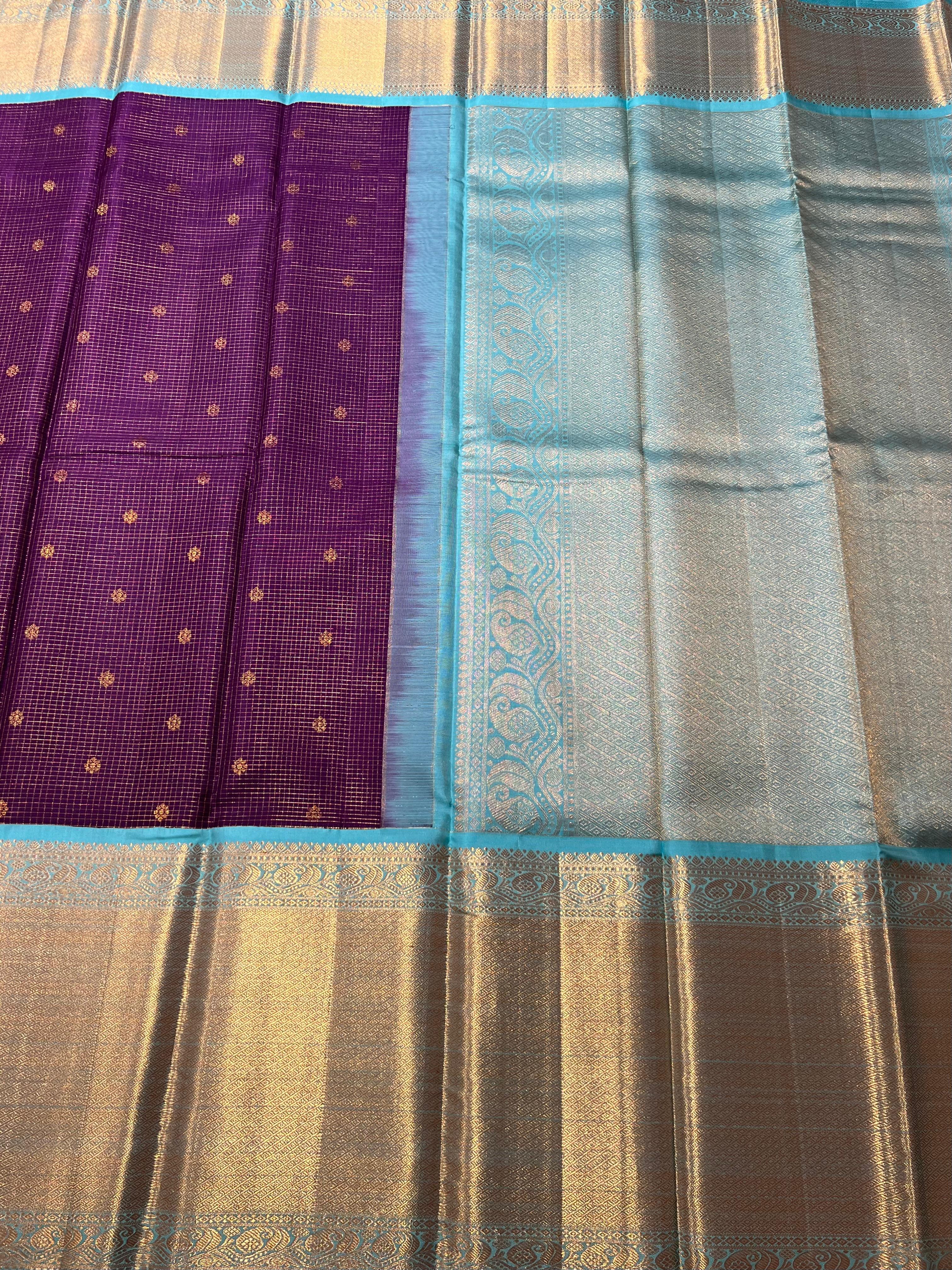 Small butis Violet and sky blue kanjeevaram silk saree