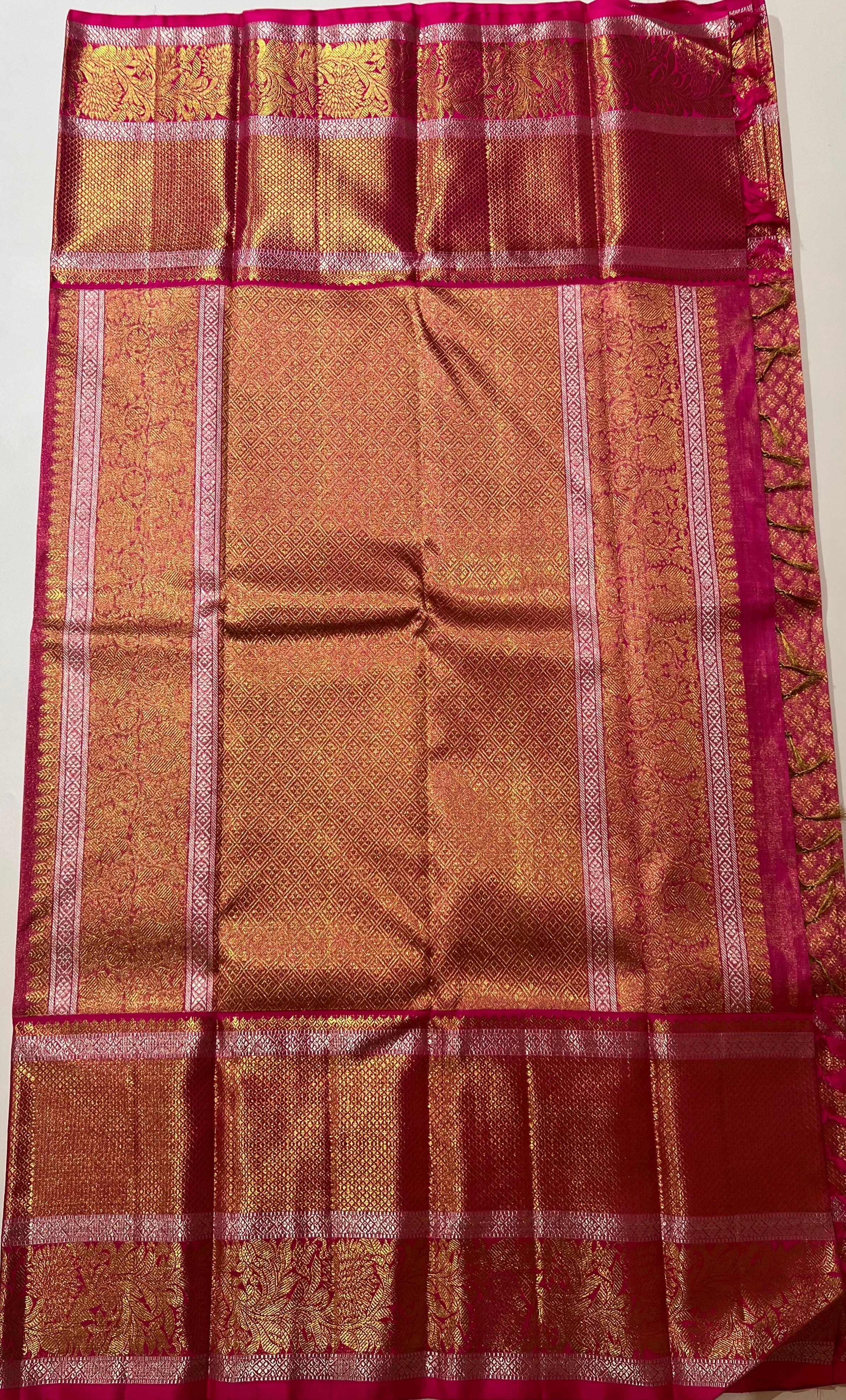 Pink and golden Zari work border kanjeevaram silk saree