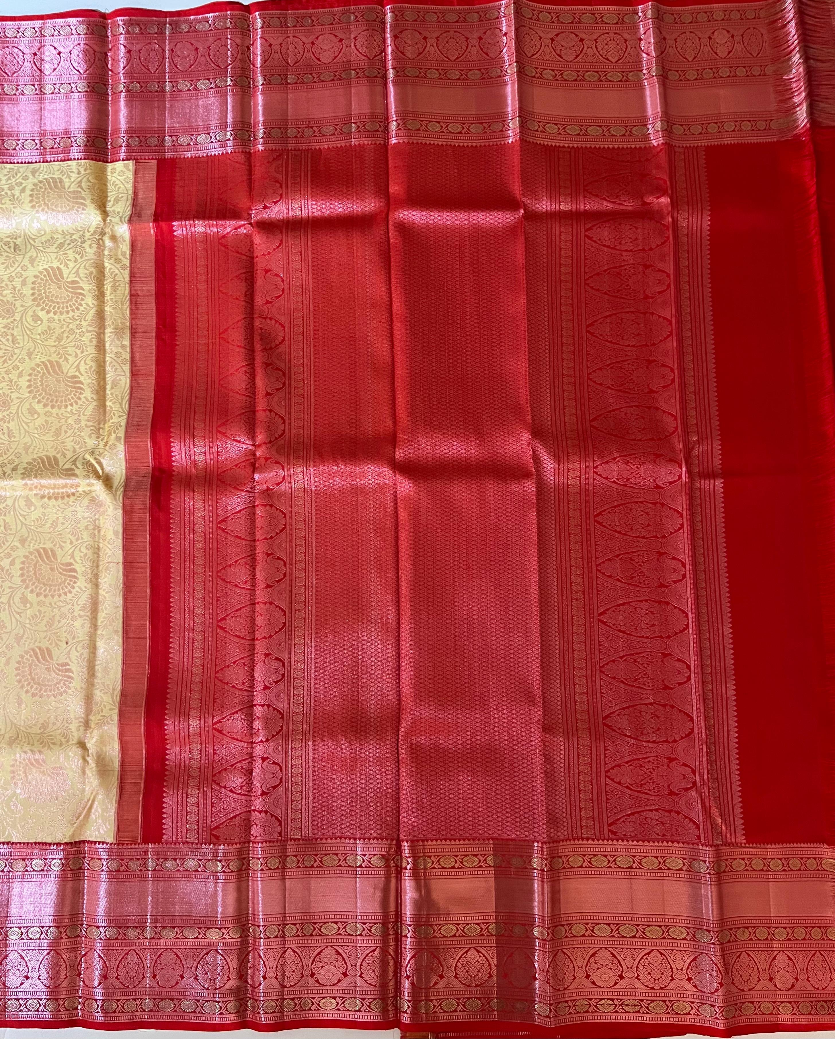 Cream and red Kanjeevaram silk saree