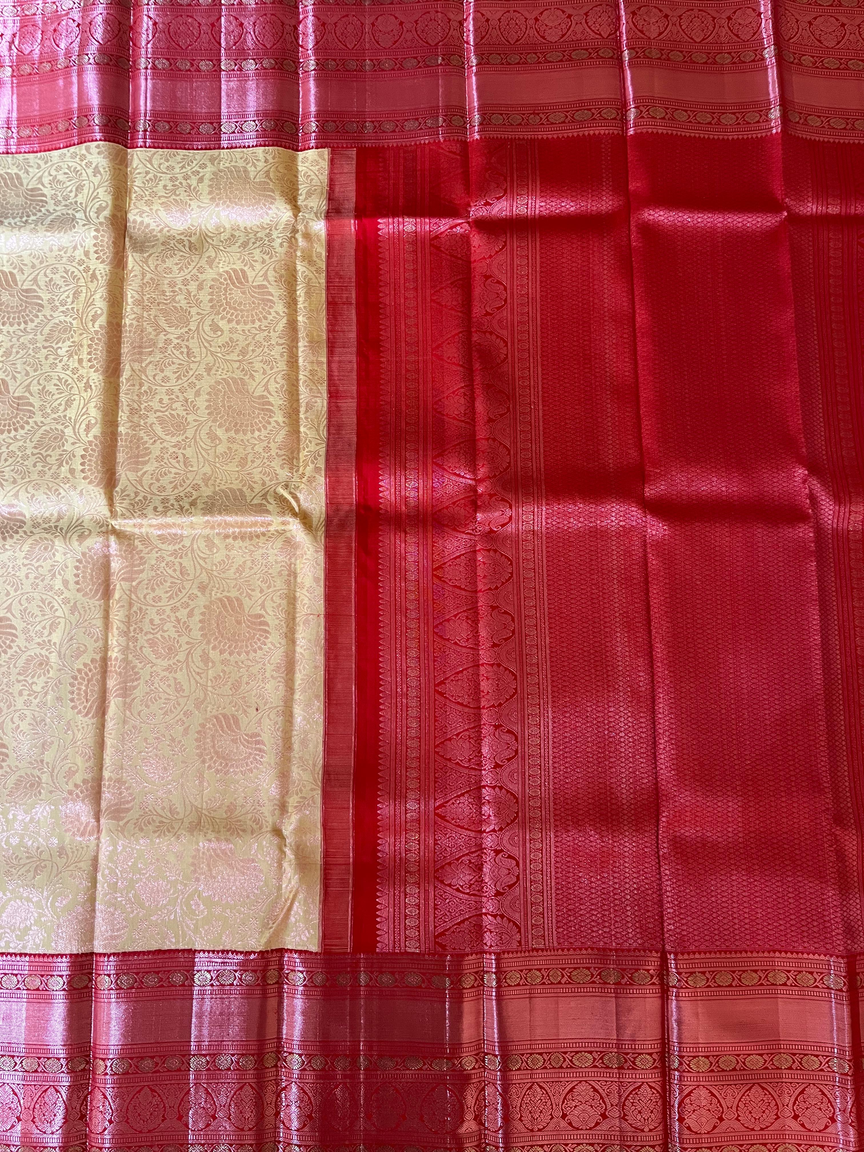 Cream and red Kanjeevaram silk saree