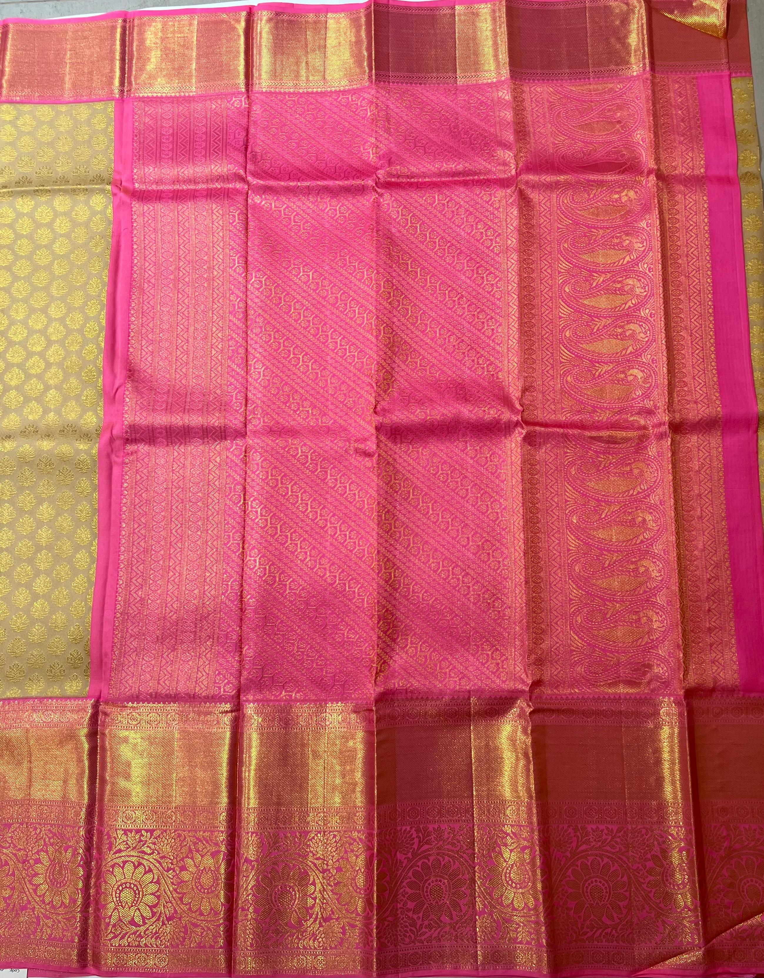 Golden and pink Kanjeevaram silk saree