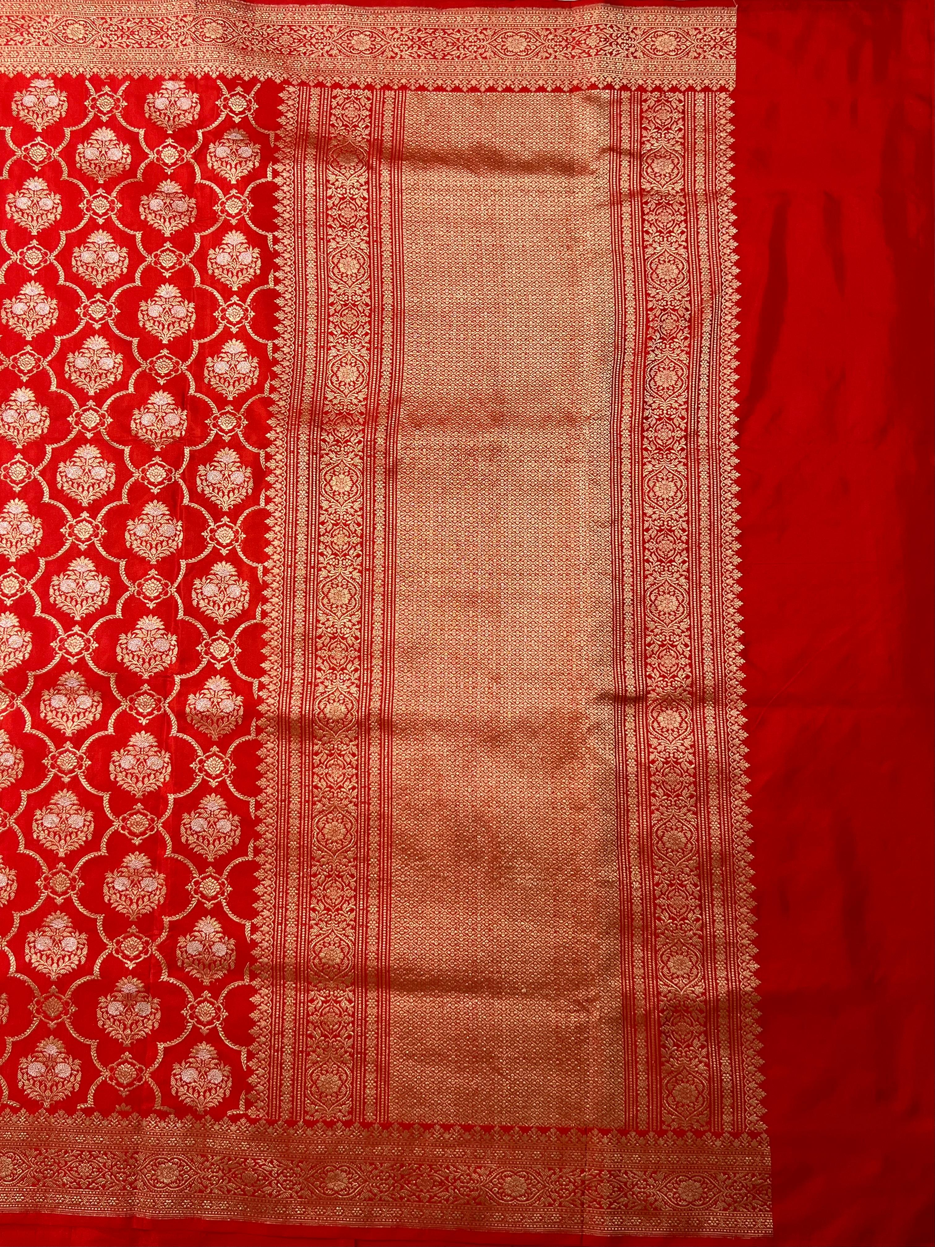 Floral Zari work on Bright Red Banarasi saree