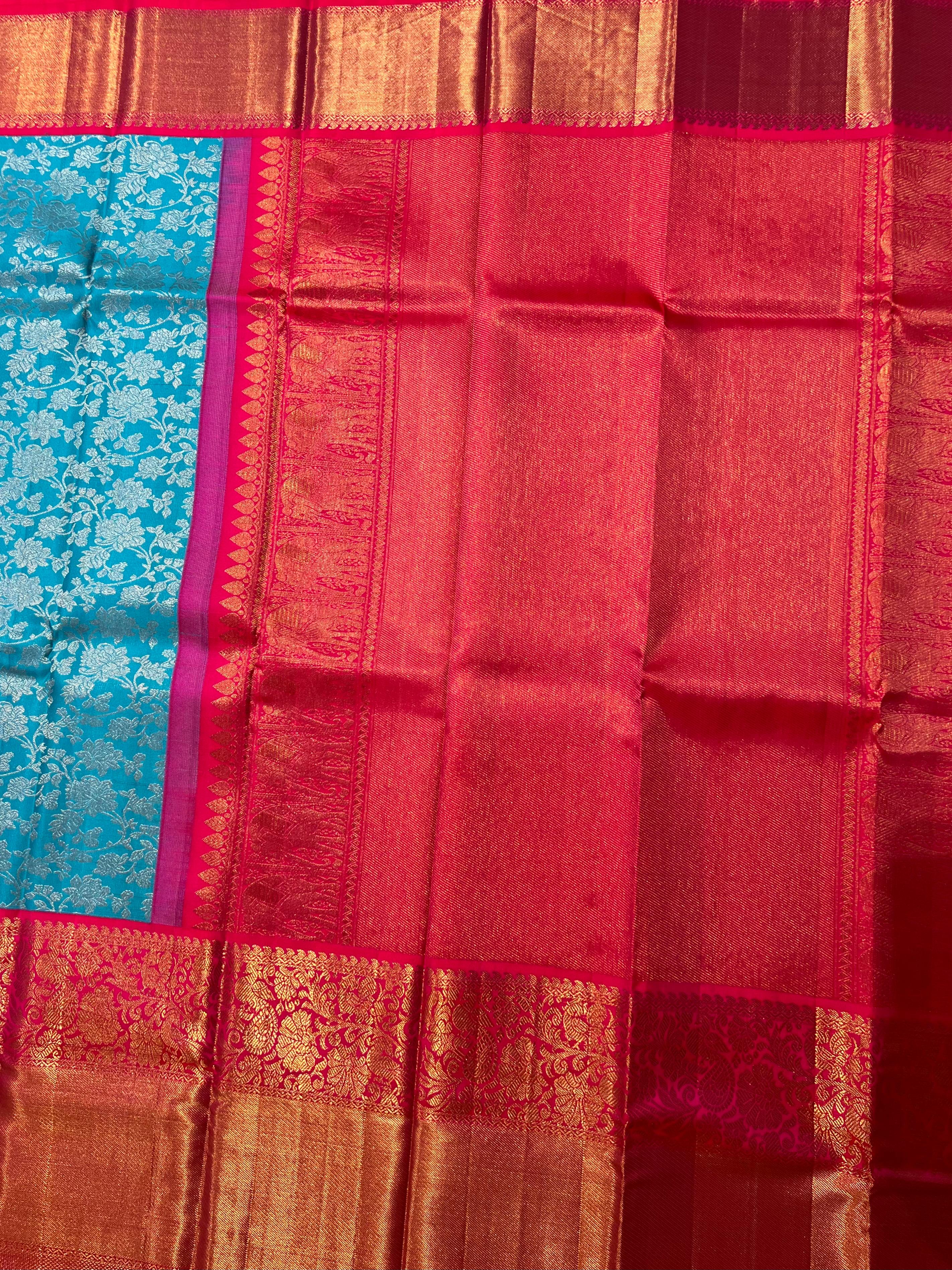 Blue and red kanjeevaram silk saree