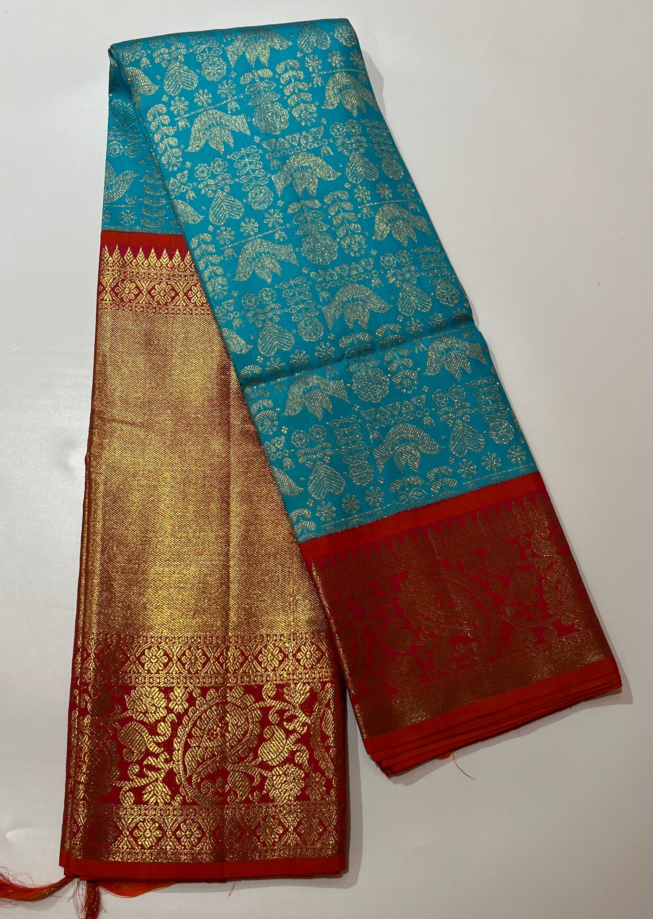 Flower motif blue and red Kanjeevaram silk saree
