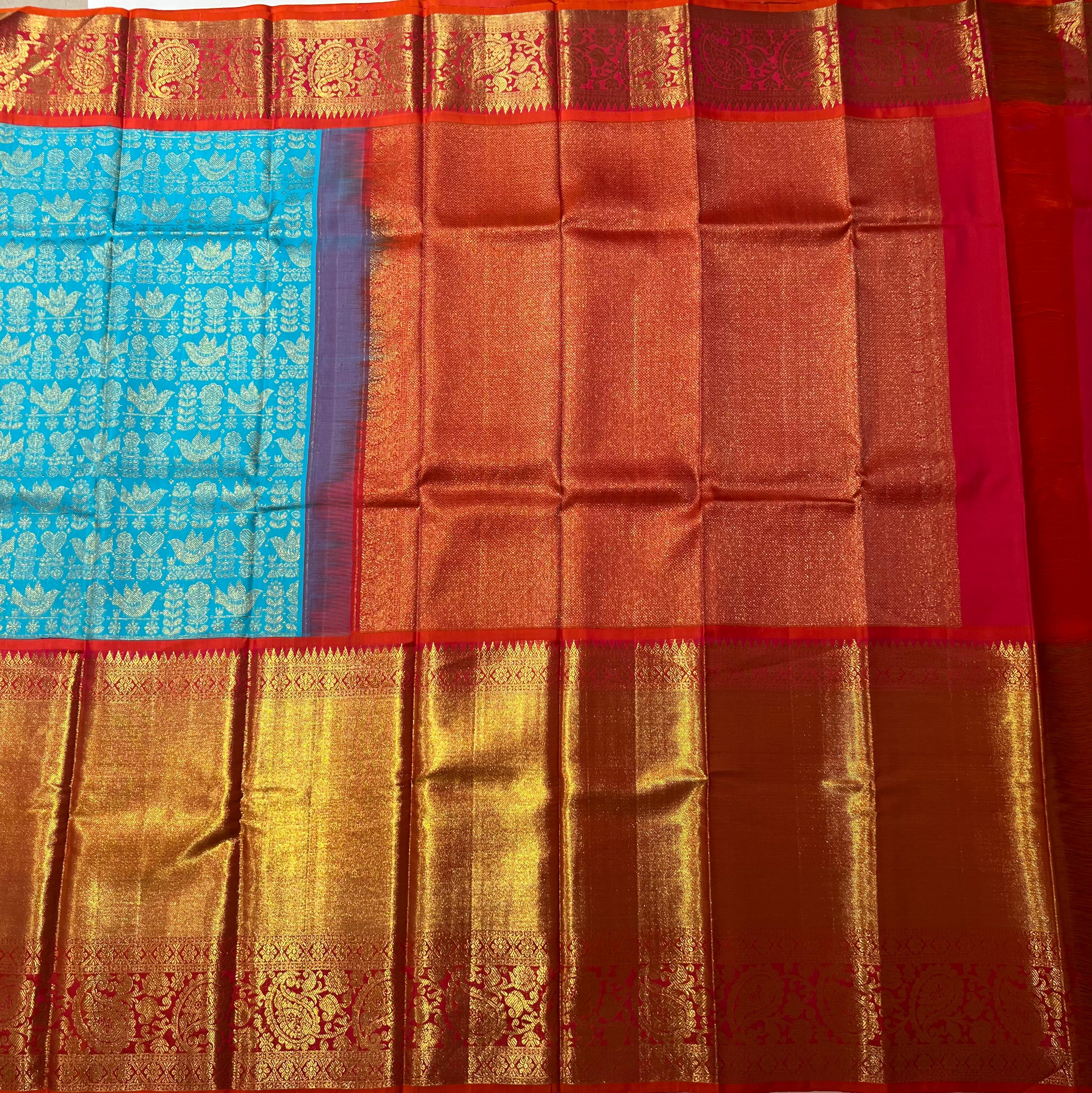 Flower motif blue and red Kanjeevaram silk saree