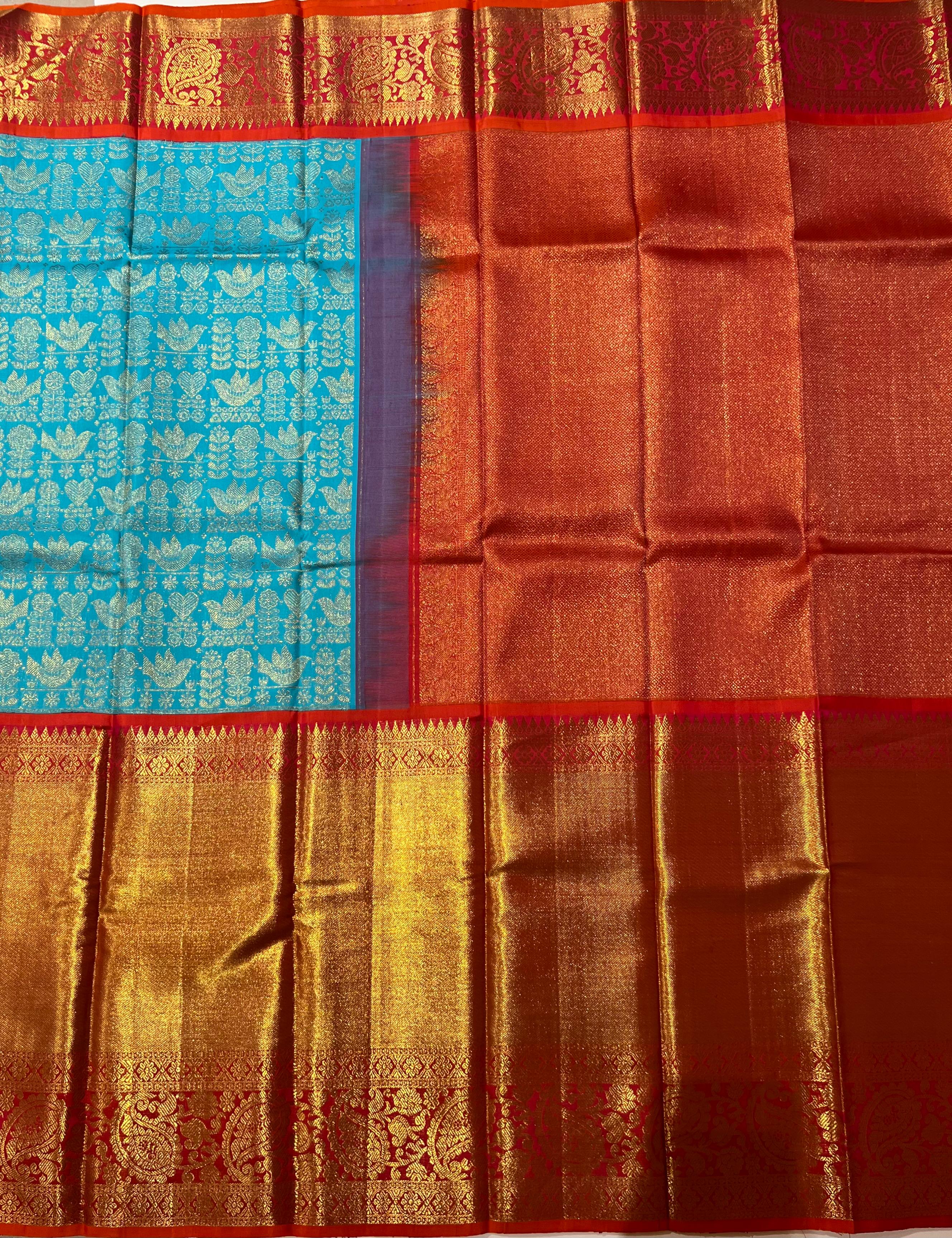 Flower motif blue and red Kanjeevaram silk saree
