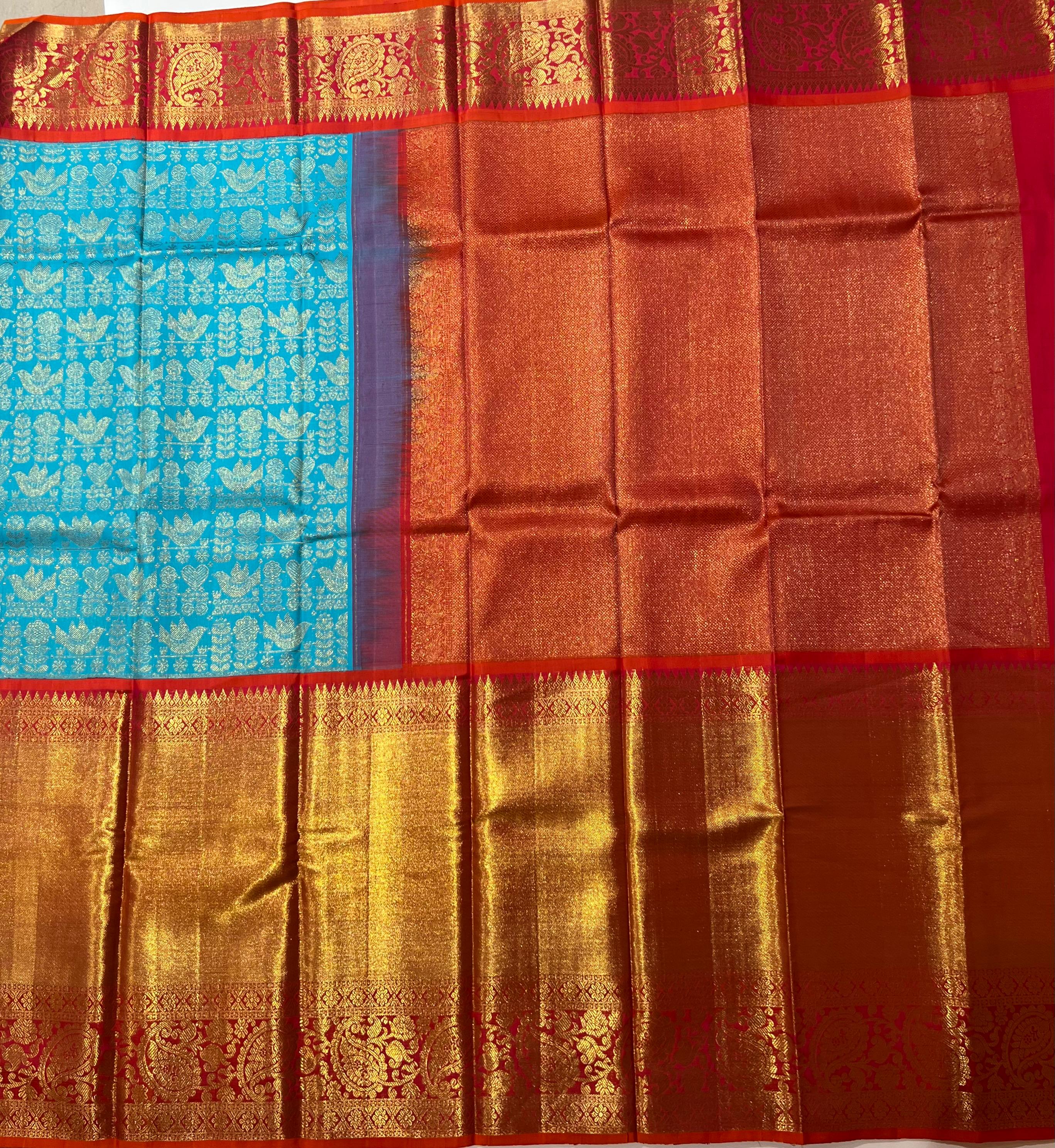 Flower motif blue and red Kanjeevaram silk saree