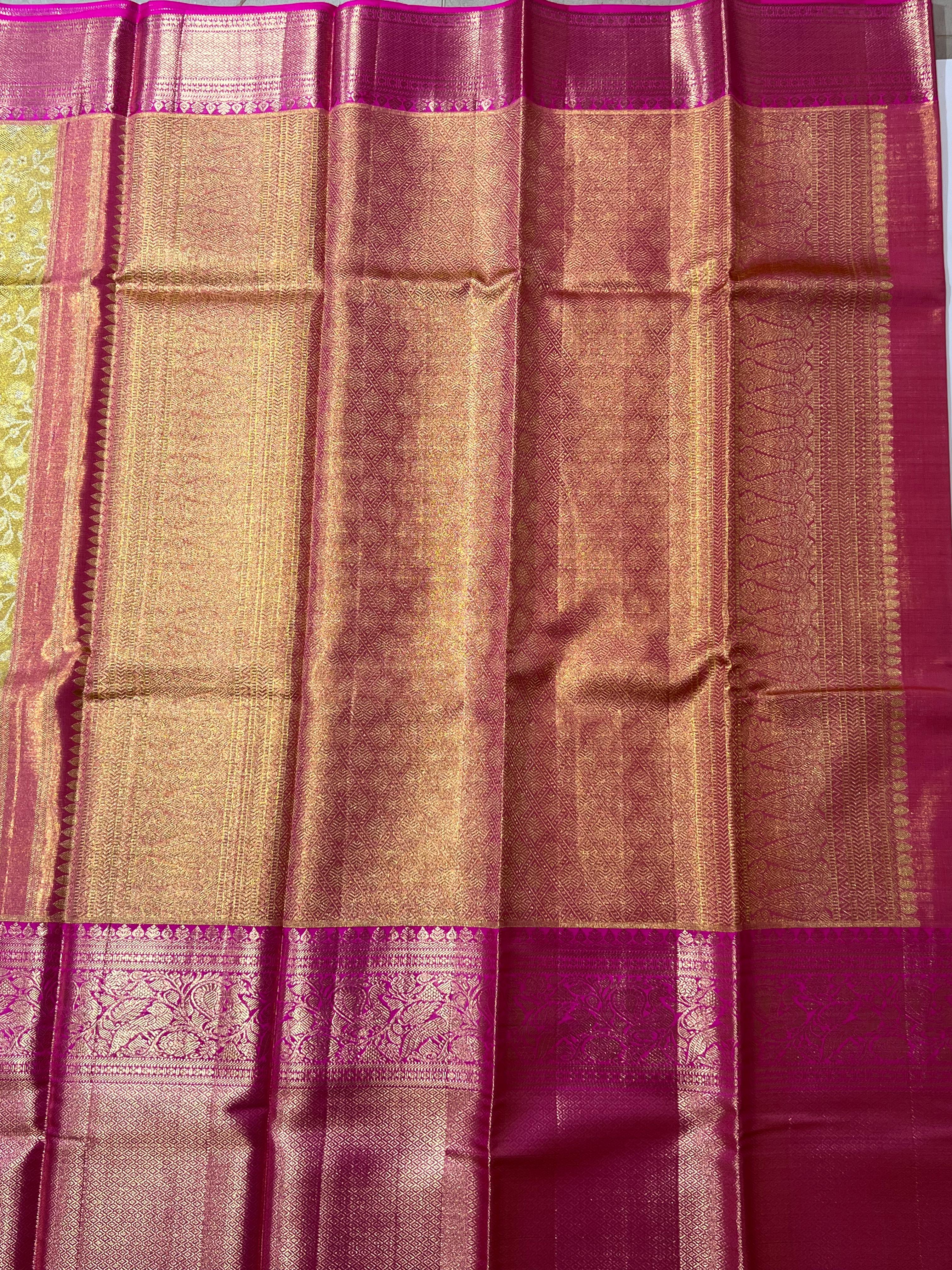 Rose motif Golden and pink kanjeevaram silk saree