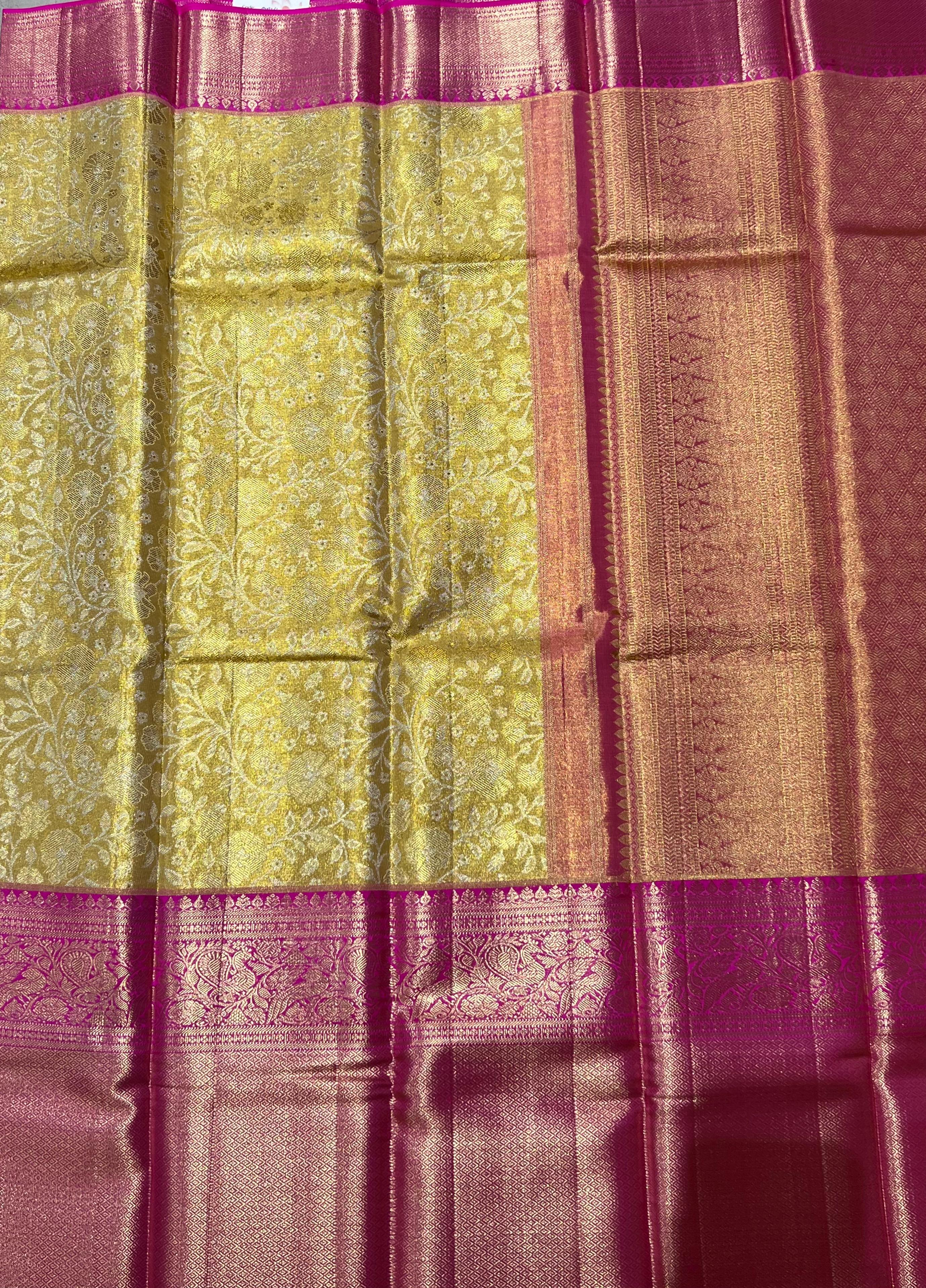 Rose motif Golden and pink kanjeevaram silk saree