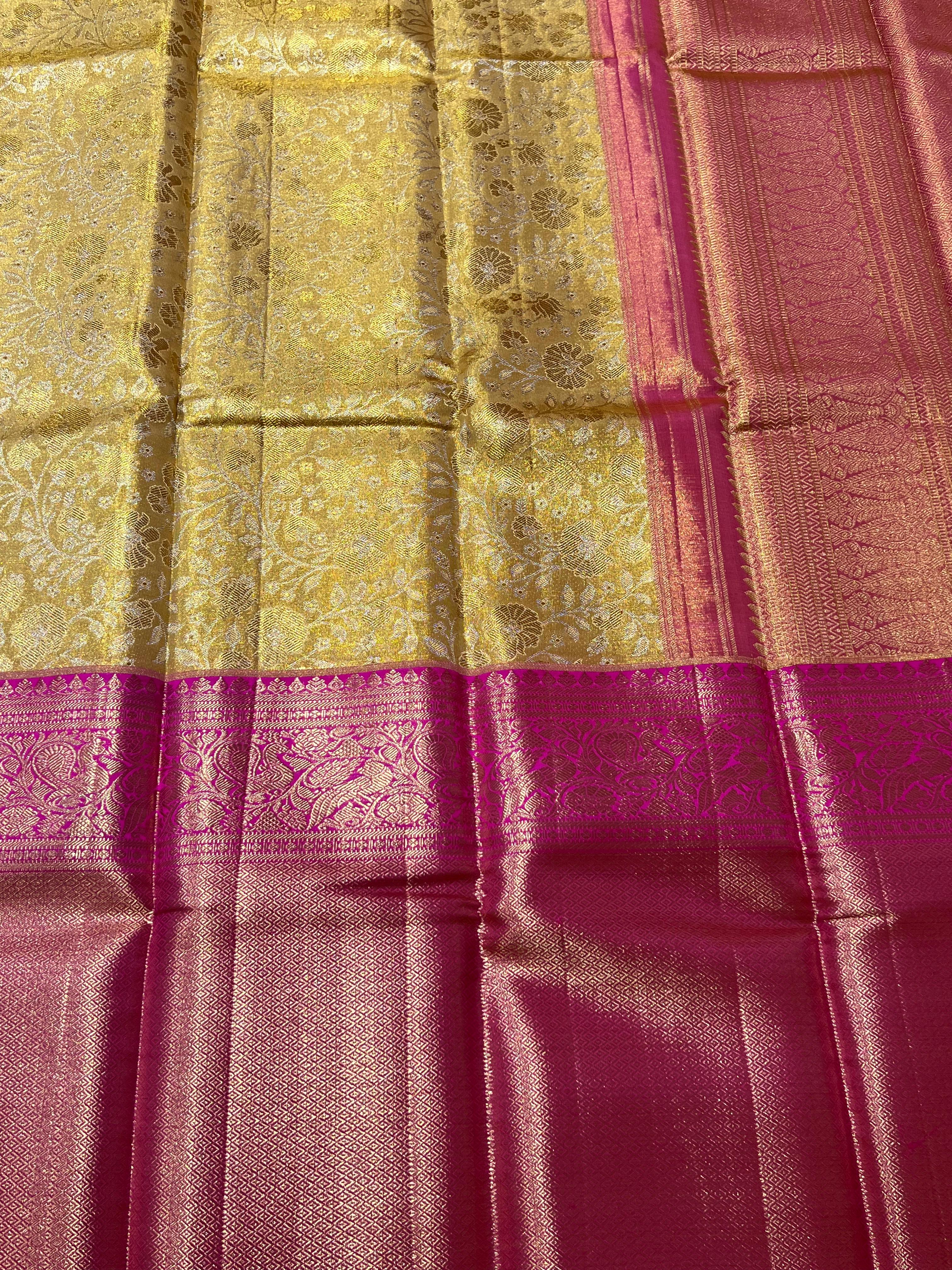 Rose motif Golden and pink kanjeevaram silk saree