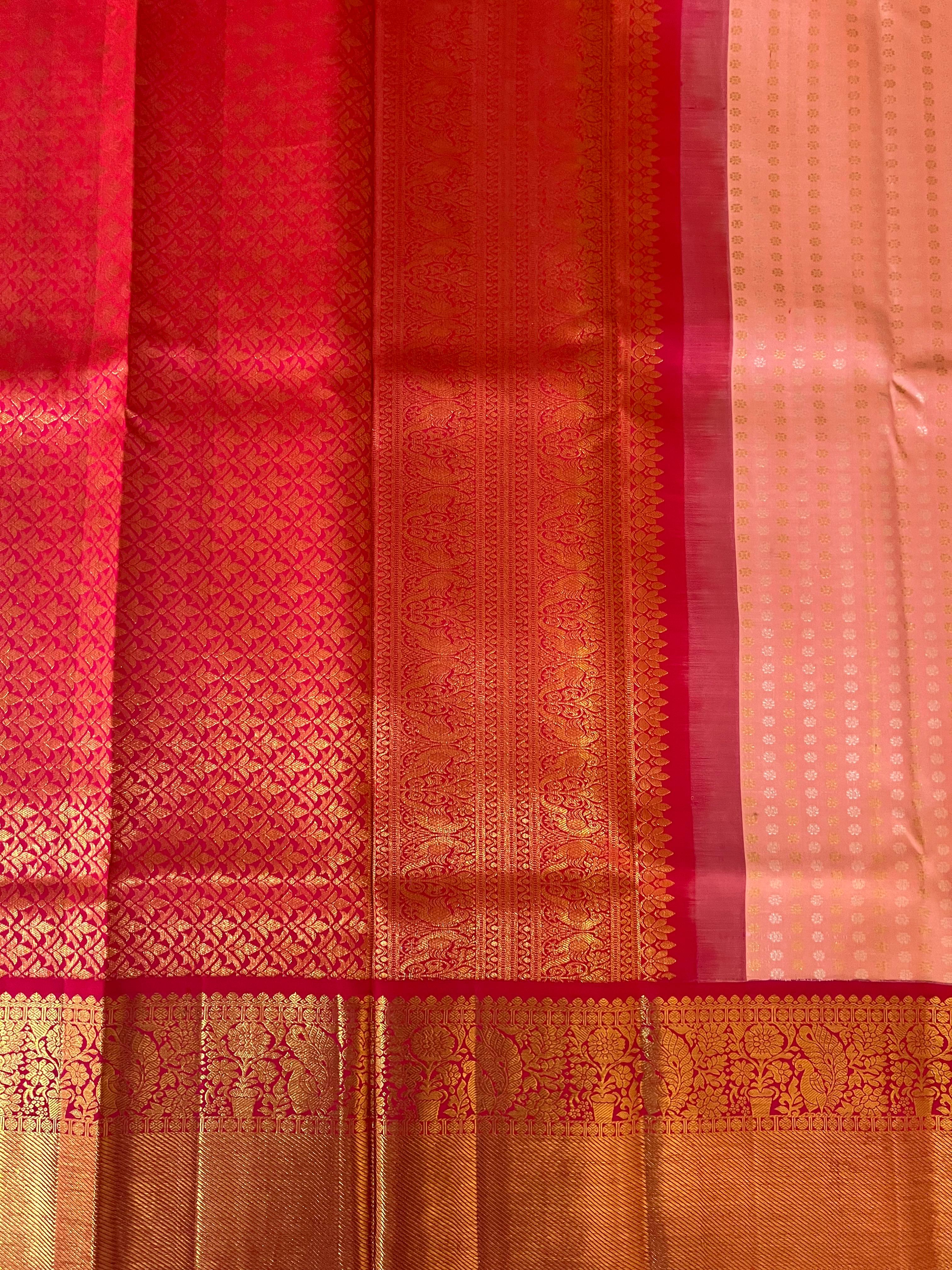 Mini flower on peach and red kanjeevaram silk saree