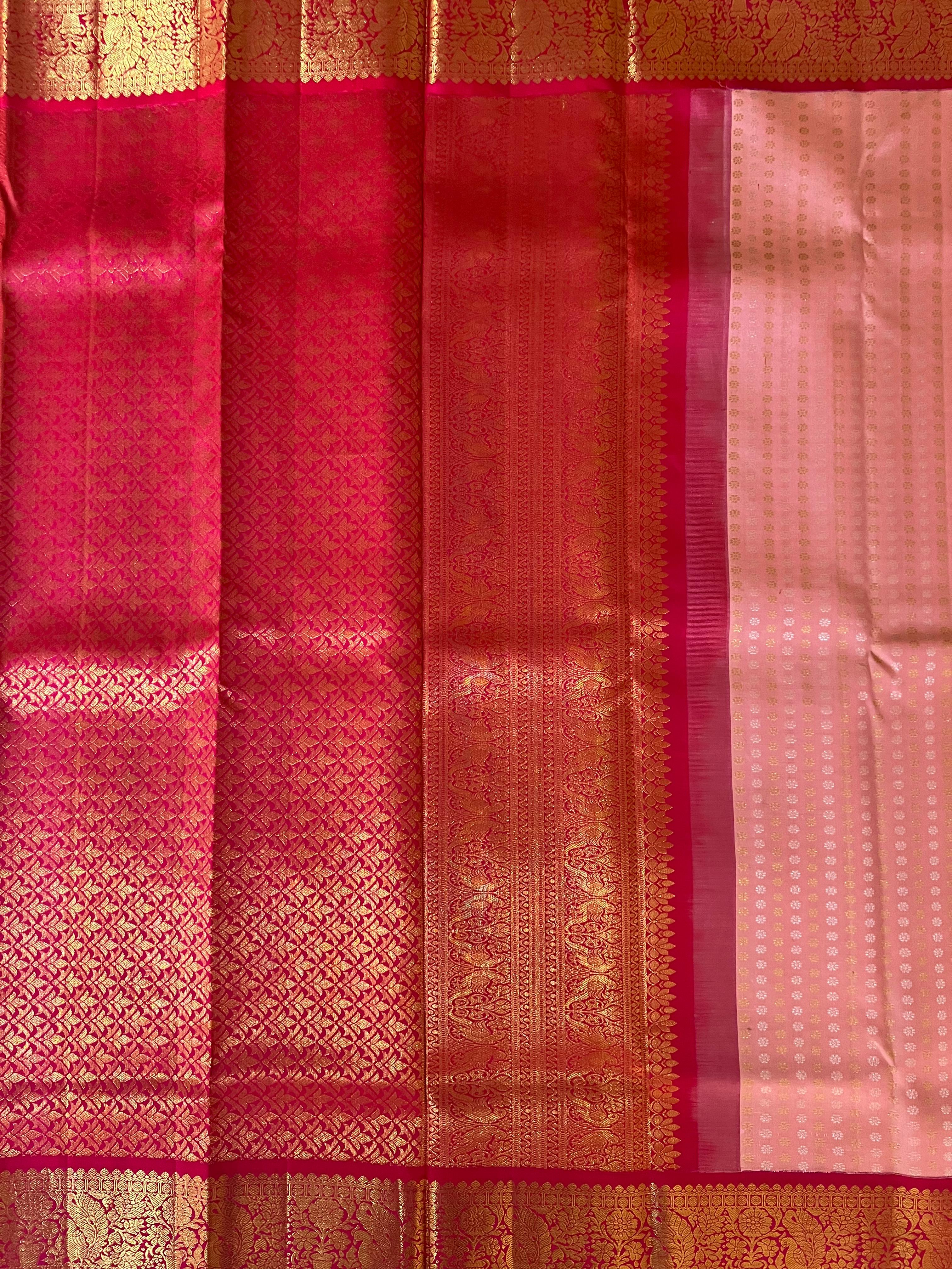 Mini flower on peach and red kanjeevaram silk saree