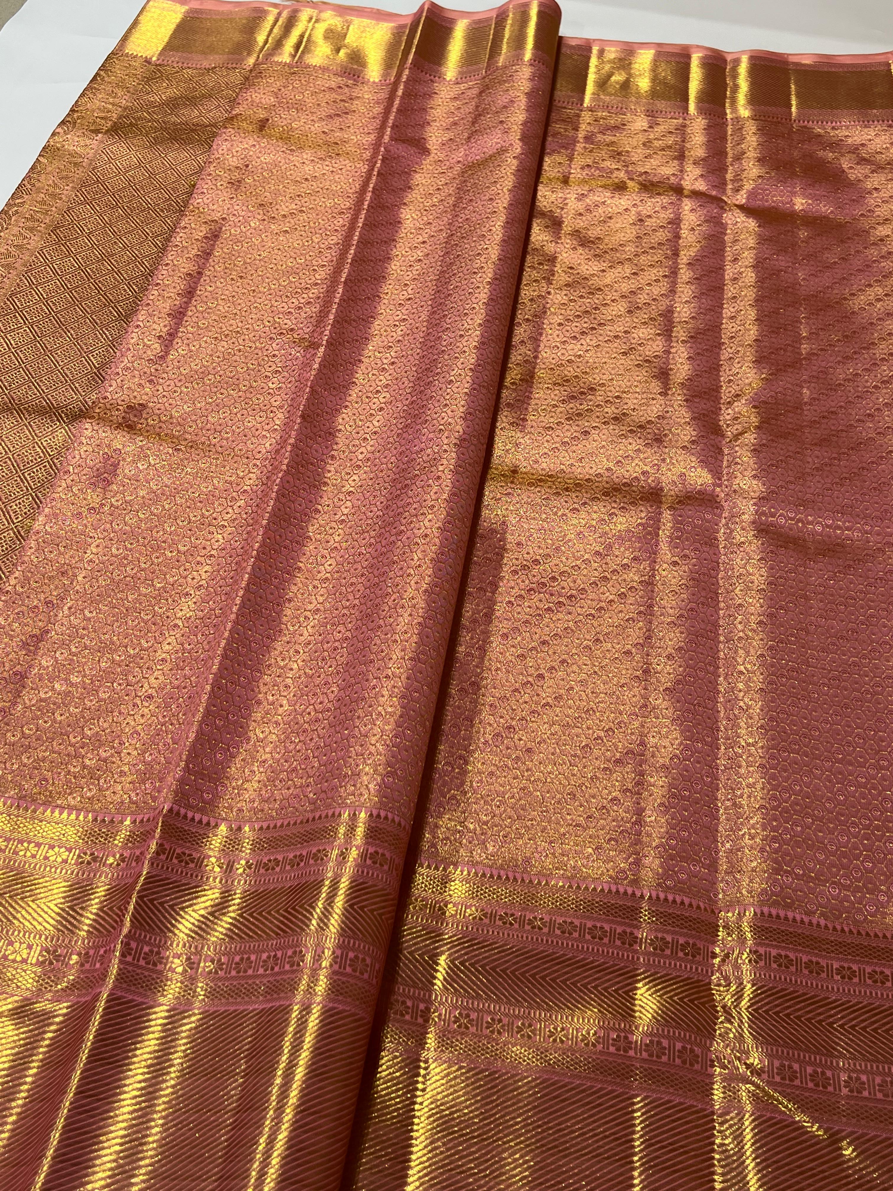 Diagonal line Peach kanjeevaram silk saree