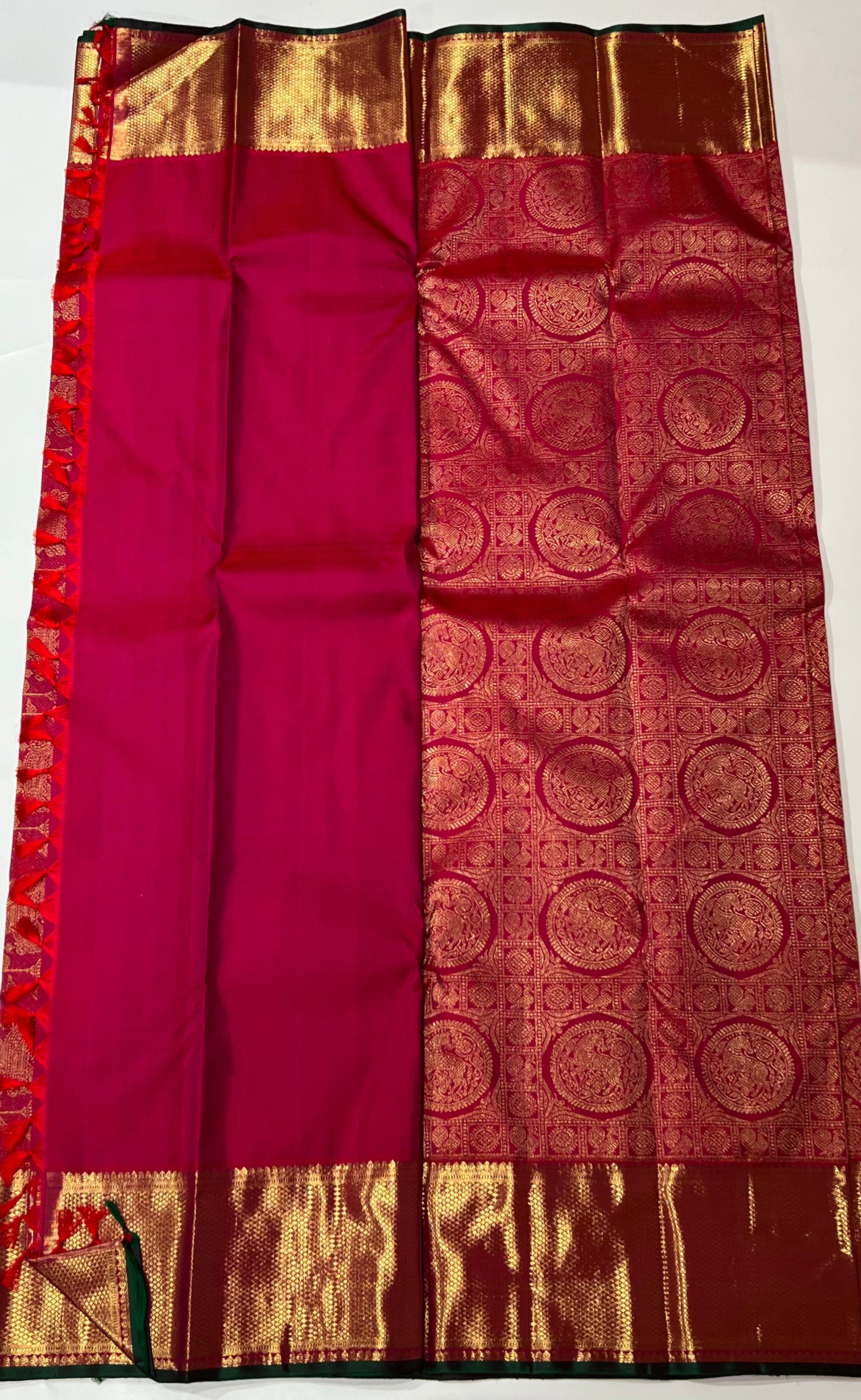Rani pink and golden zari work Kanjeevaram silk saree