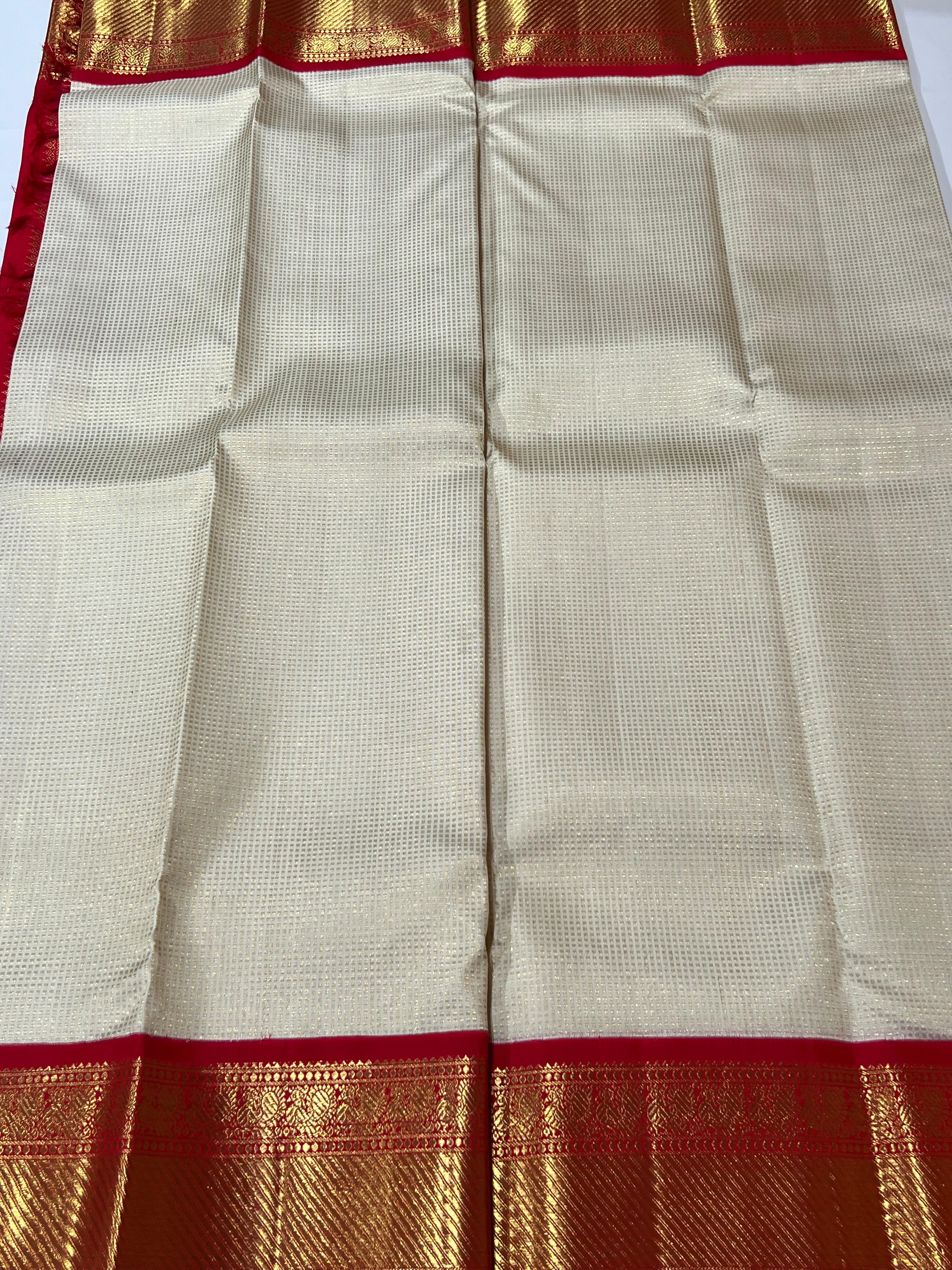 Offwhite and Red Kanjeevaram silk saree