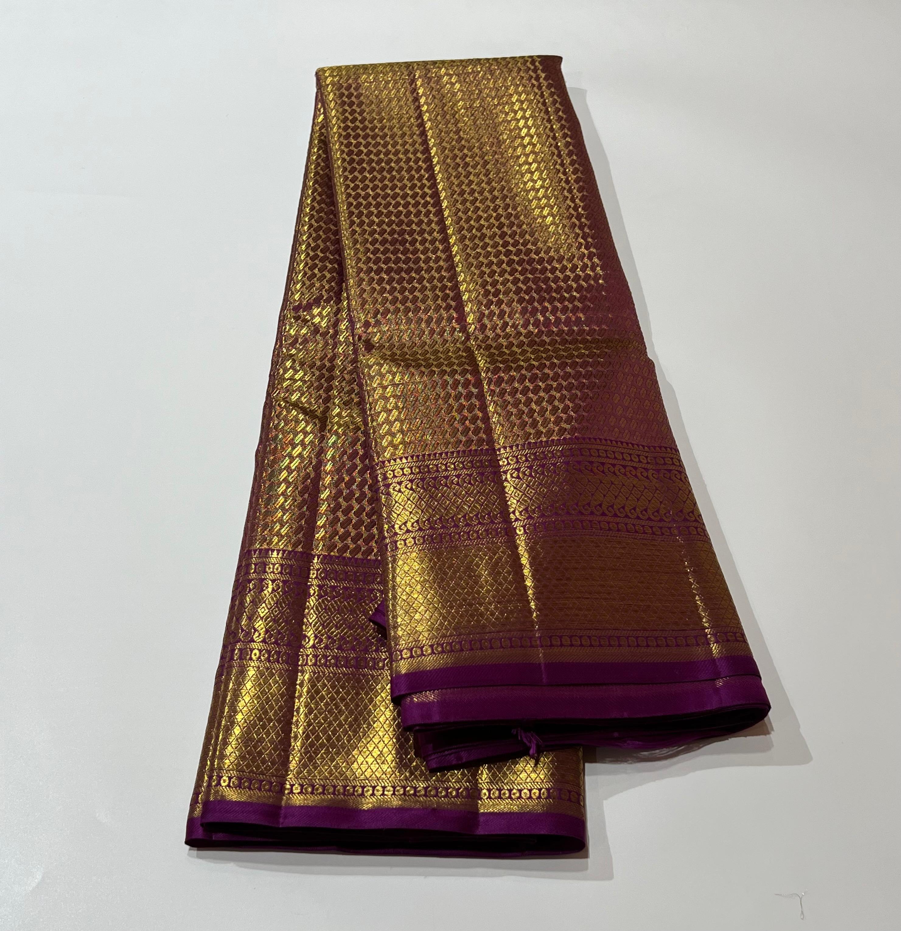 Violet and golden Kanjeevaram silk saree